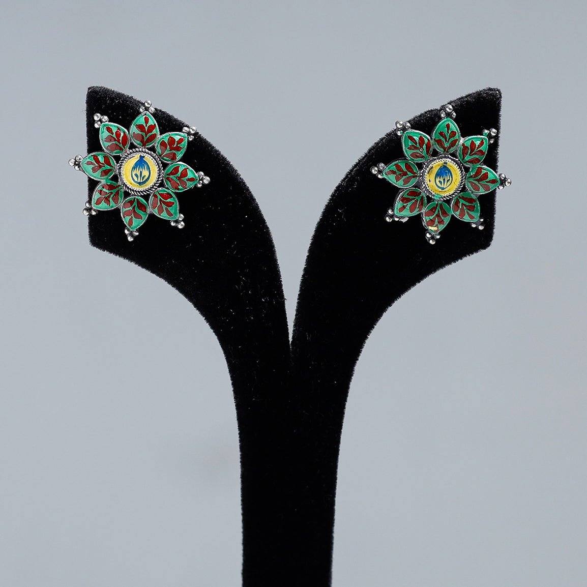 WHITE RIVER STORIES Antique Silver Finish Oxidised Brass Base Enamel Work Stud Earrings - view 2
