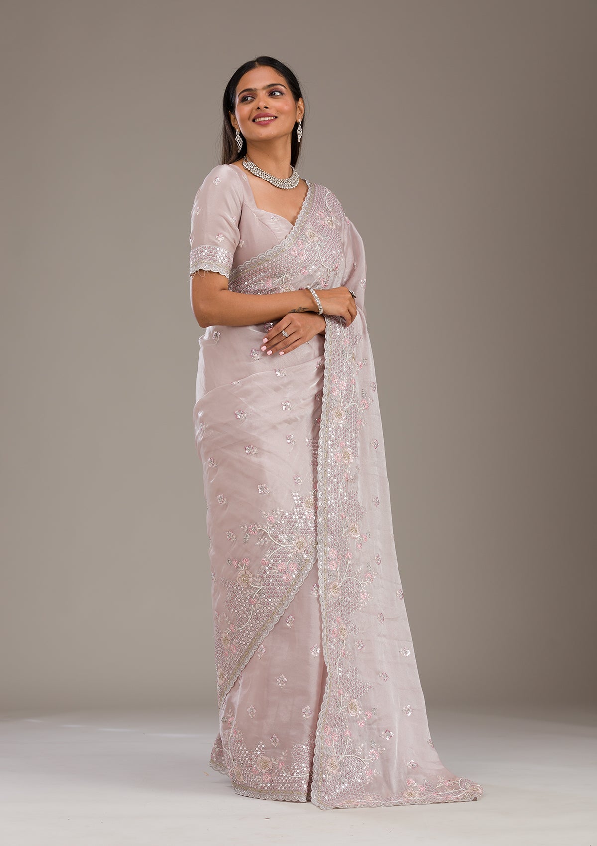 Koskii Light Grey Sequins Tissue Saree – Women's - view 6