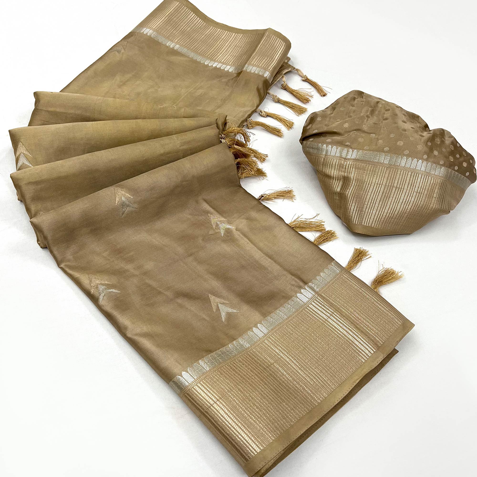 Peachmode Chikoo Woven Satin Silk Saree With Tassels - view 3