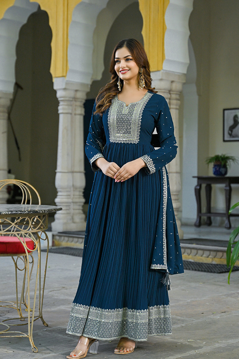 Ahika Teal Blue Georgette Solid Yoke Design Anarkali Kurta Dupatta Set VKSET1473 - view 6