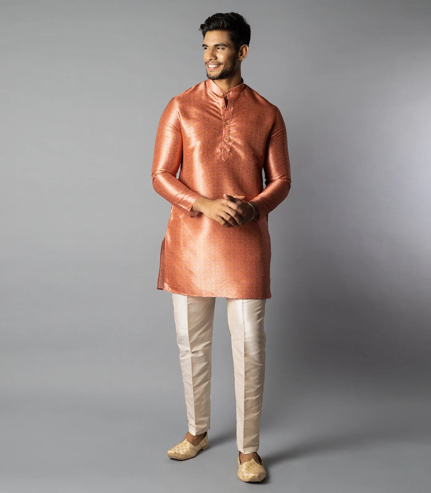 RmKV Peach Jacquard Kurta With Mandarin Collar-Peach
