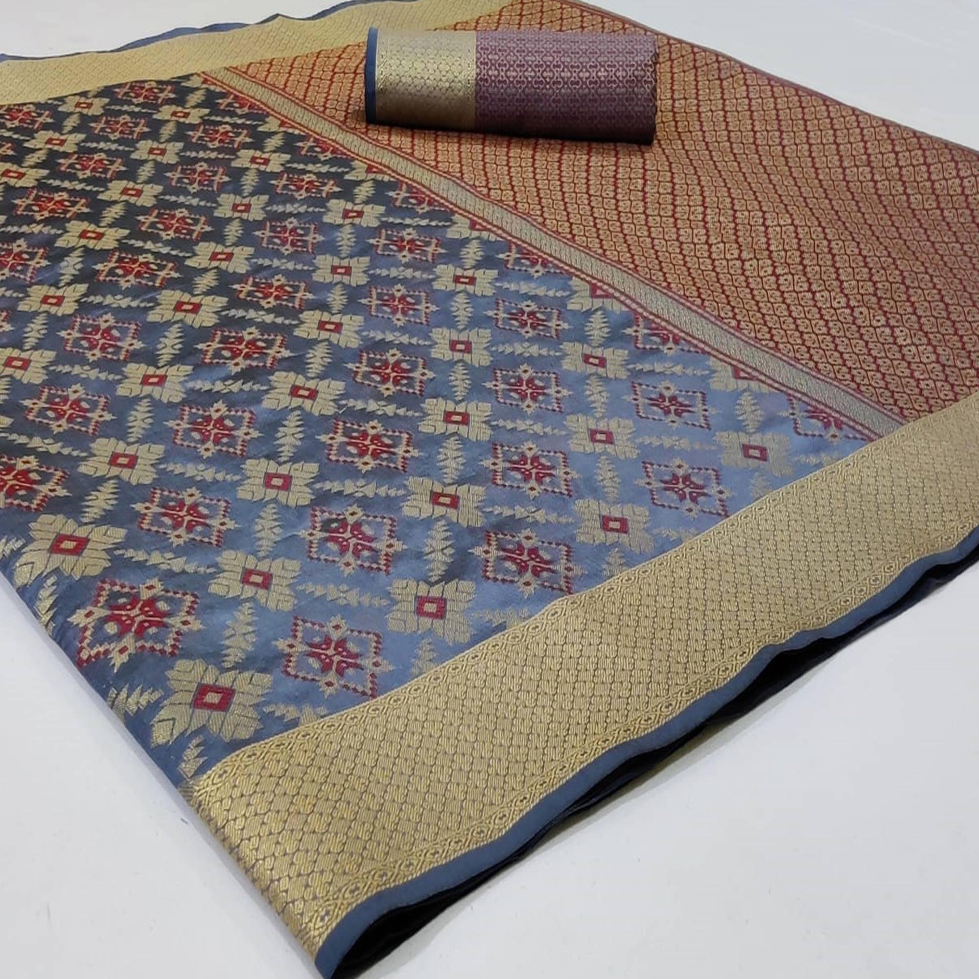 Peachmode Engrossing Grey Colored Festive Wear Woven Silk Saree