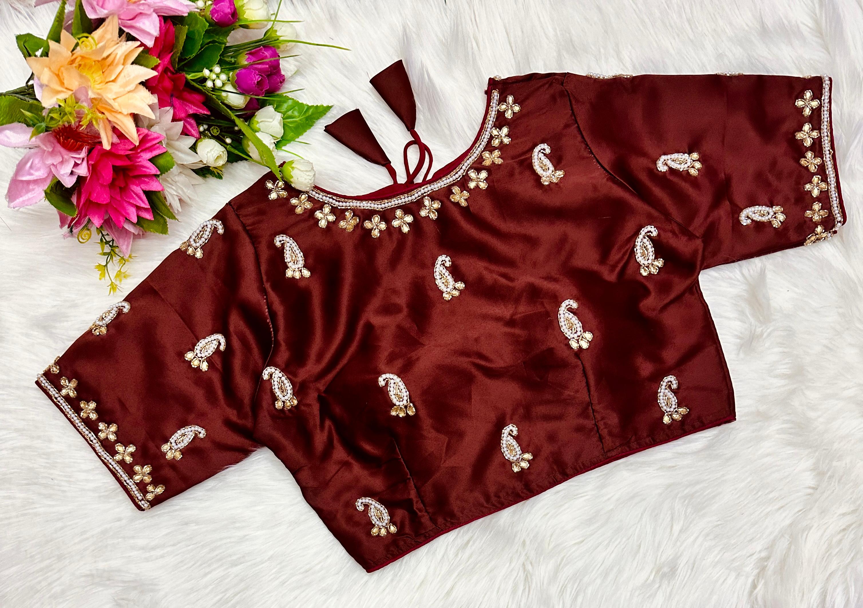 ClothsVilla Maroon Exquisite Hand-Embroidered Methu Silk Blouse