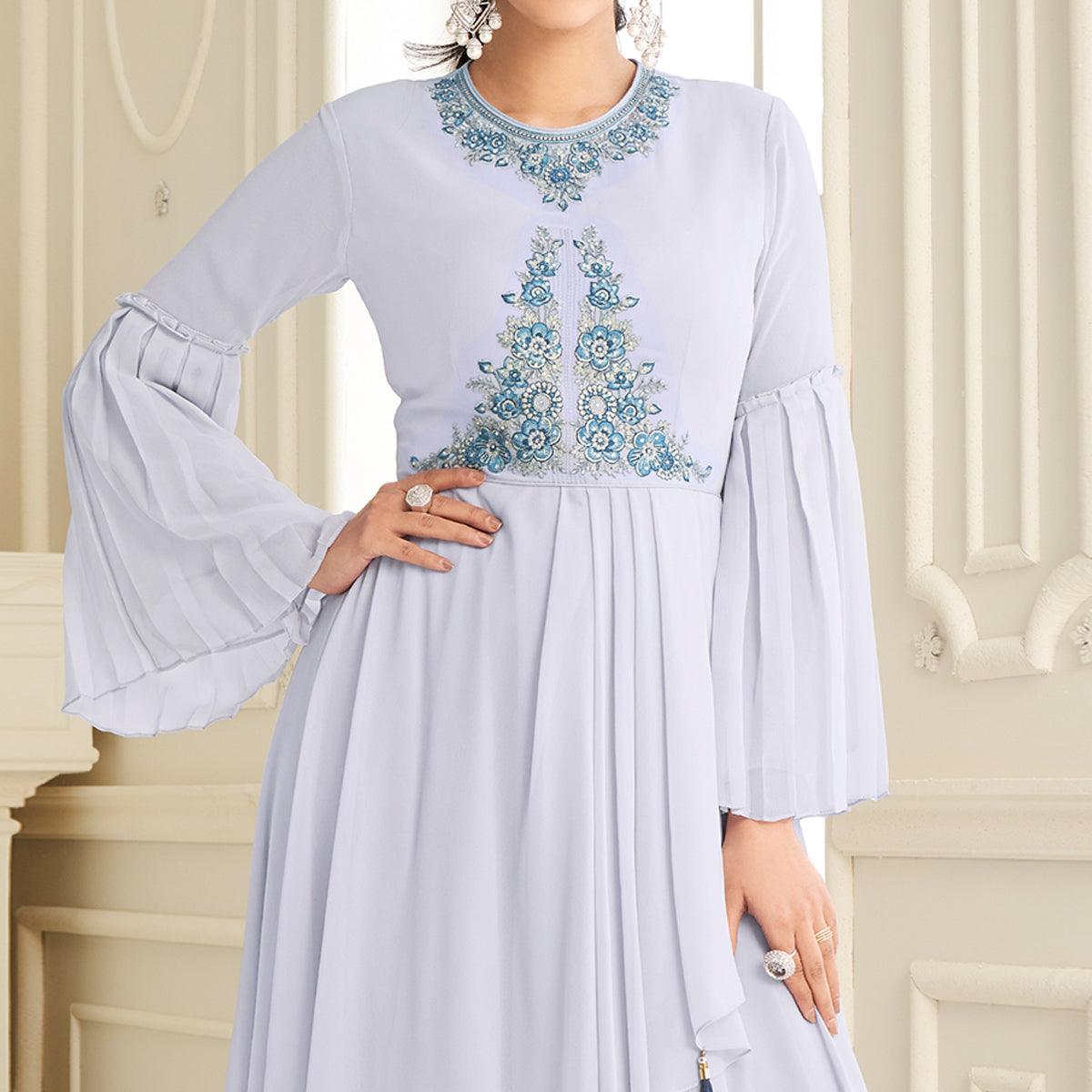 Peachmode Seller Light Lavender Partywear Embroidered Heavy Georgette Gown - view 2