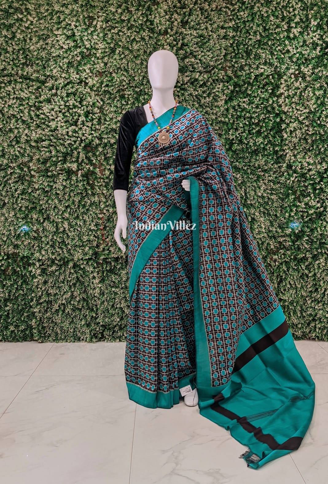 IndianVillèz Sea Green Coffee Odisha Ikat Contemporary Silk Saree