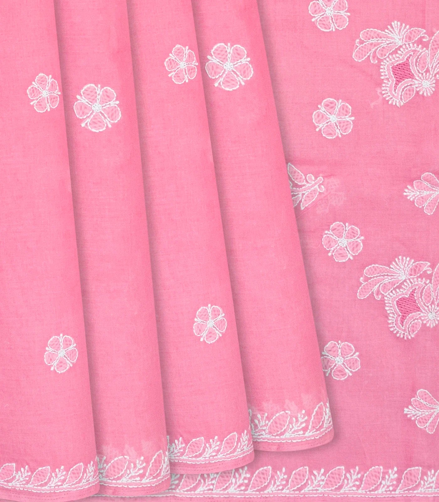 RmKV Bubble gum Pink Chikankari Embroidered Cotton Saree With Floral Motifs-BubbleGum Pink