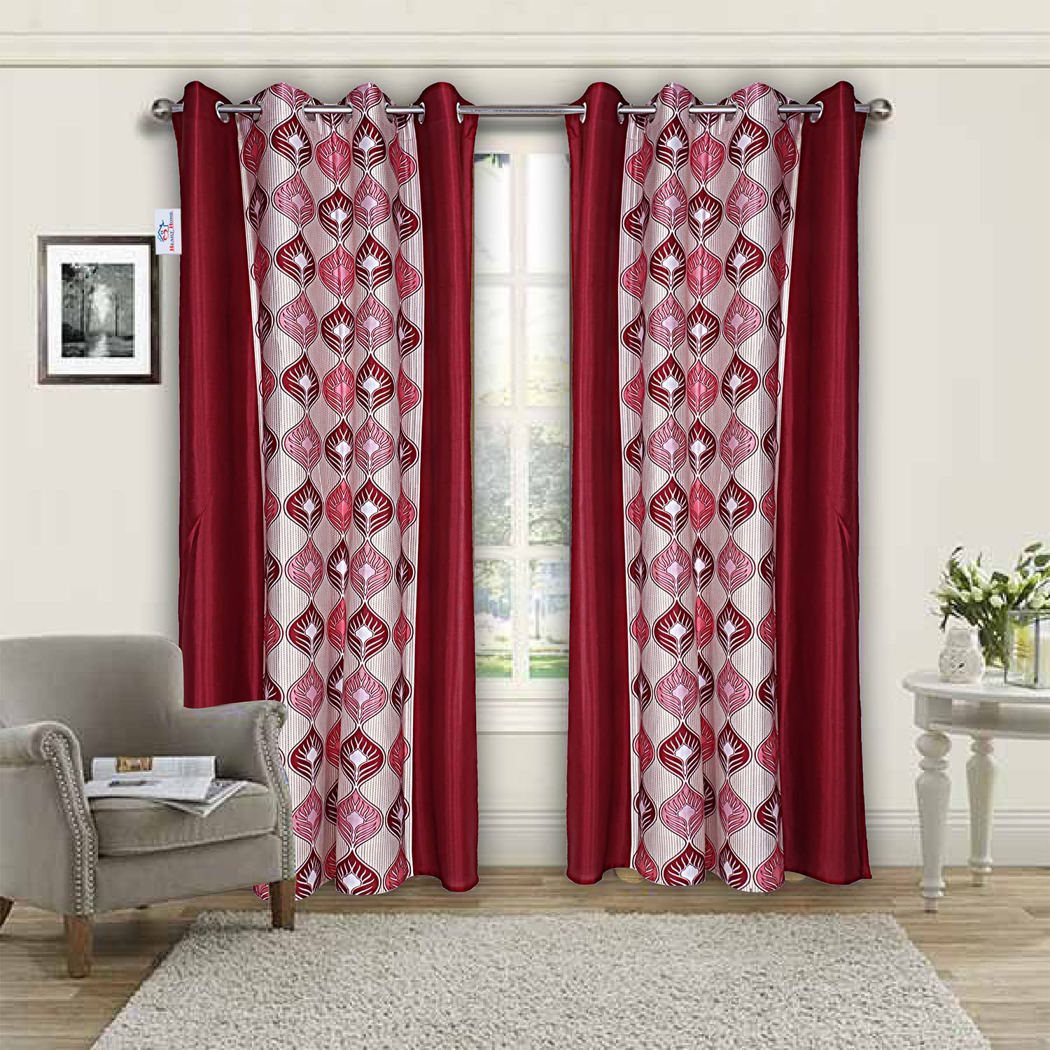 Heart Home 7 Feet Door Curtain|Curtains with Eyelet for living room Bedroom|Retro Pattern Faux Silk Room Darkening Door Curtains 4x7 feet|Set of 2 (Pi