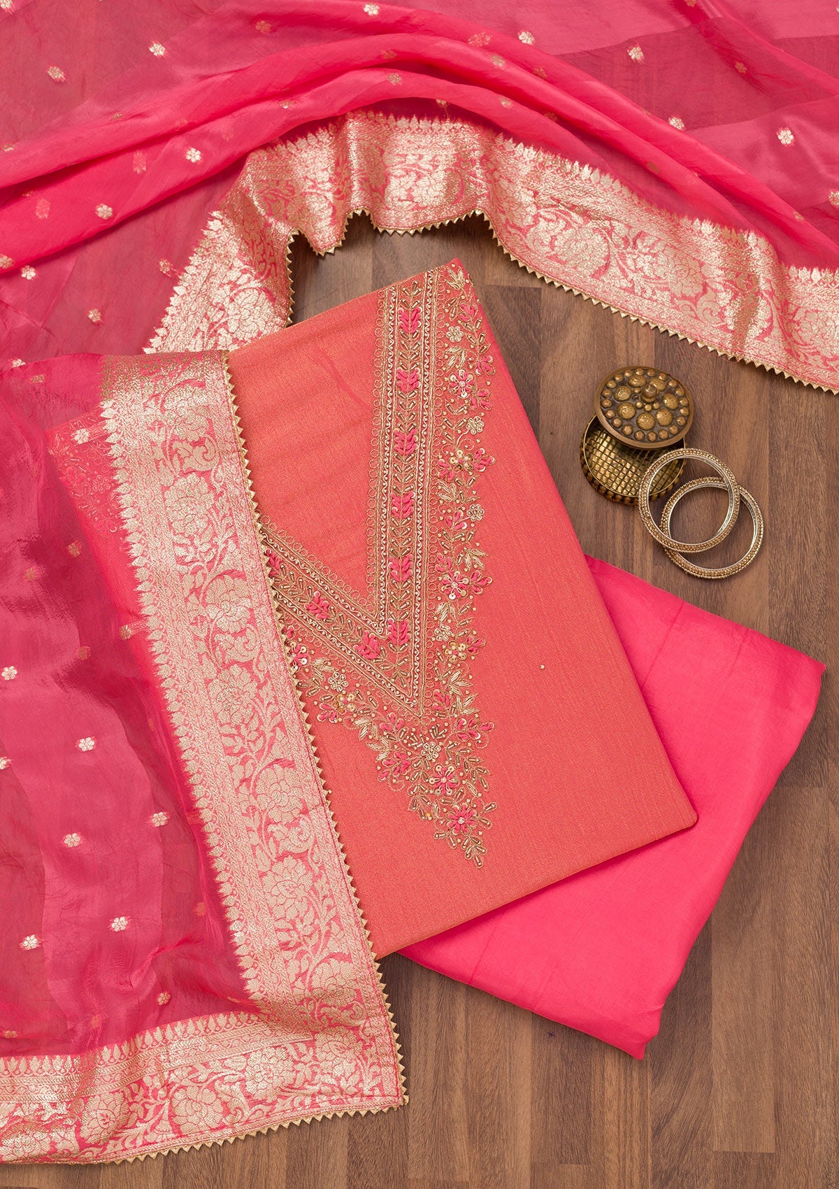 Koskii Peach Zariwork Raw Silk Unstitched Salwar Suit