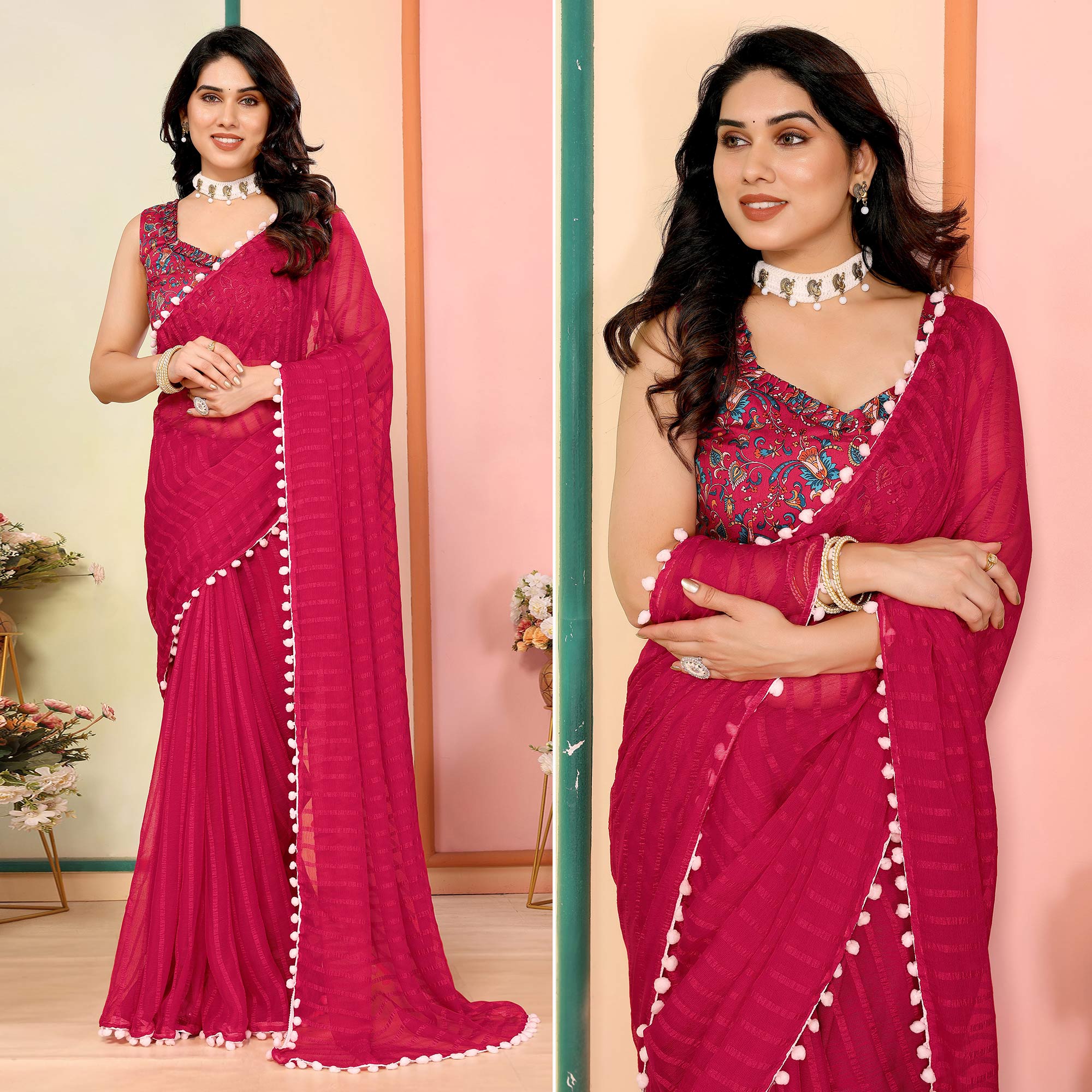Peachmode Pink Woven Striped Pattern Georgette Saree