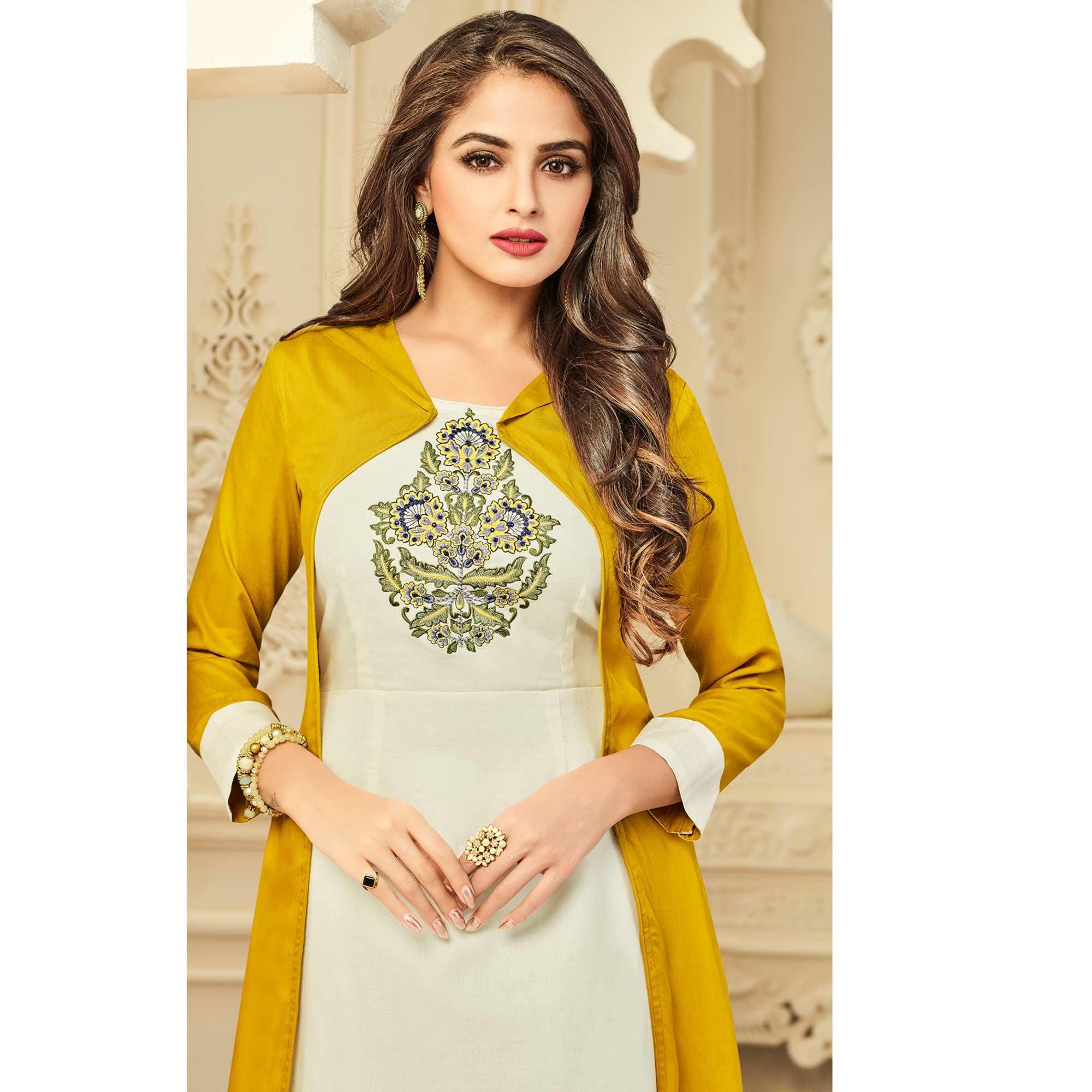 Peachmode Seller Intricate White-Mustard Yellow Colored Party Wear Floral Embroidered Rayon Kurti - view 2