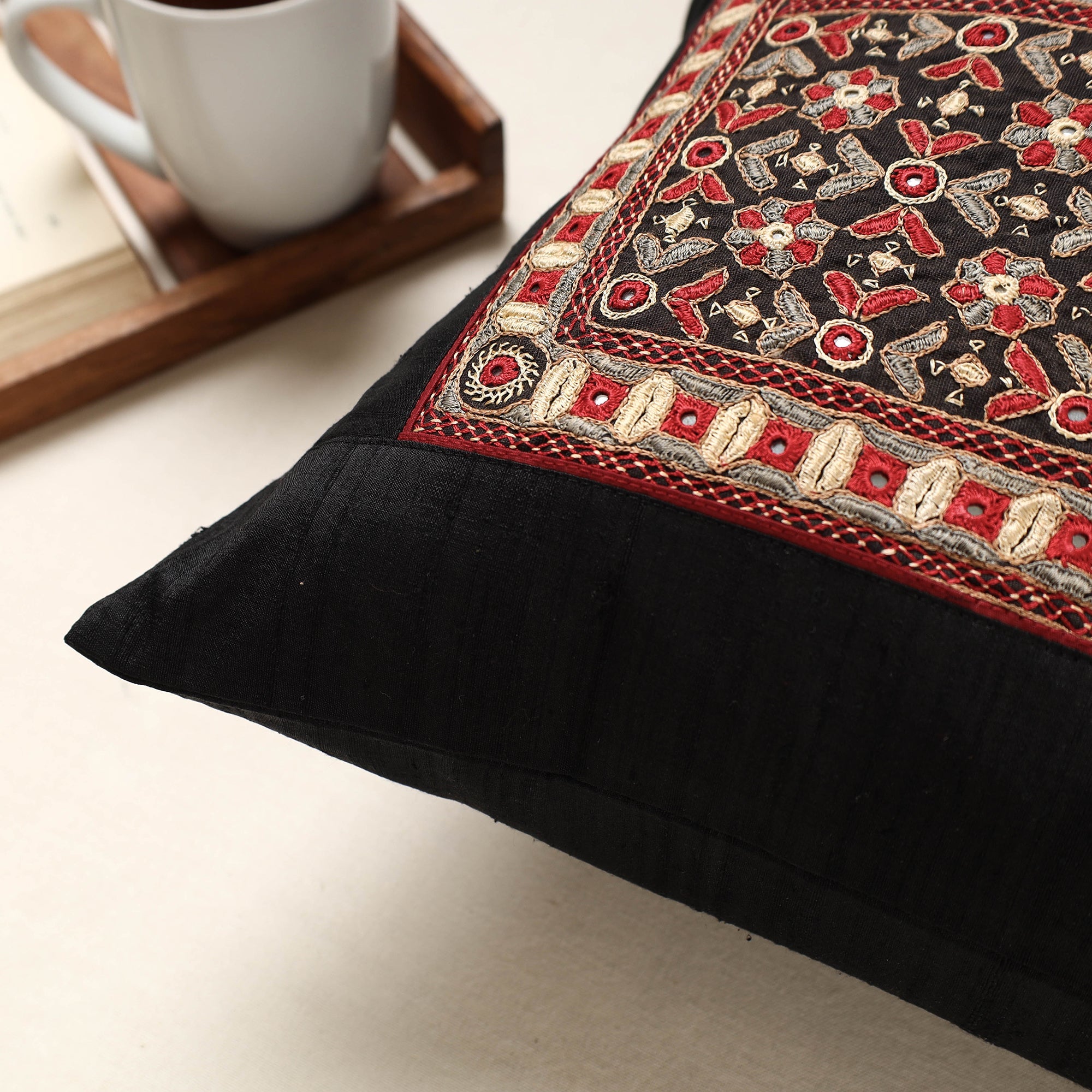 QASAB Black - Kutch Pakko Hand Embroidery Silk Cushion Cover (16 x 16 in) - view 2
