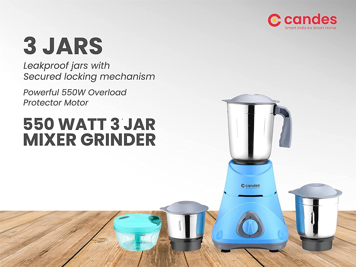 Candes Bolt 550-Watt Mixer Grinder with 3 Jars, Powerful Motor and 2 Year Warranty on Motor, (Blue Grey) + Quick Hand Vegetables & Fruit Chopper Green - view 2