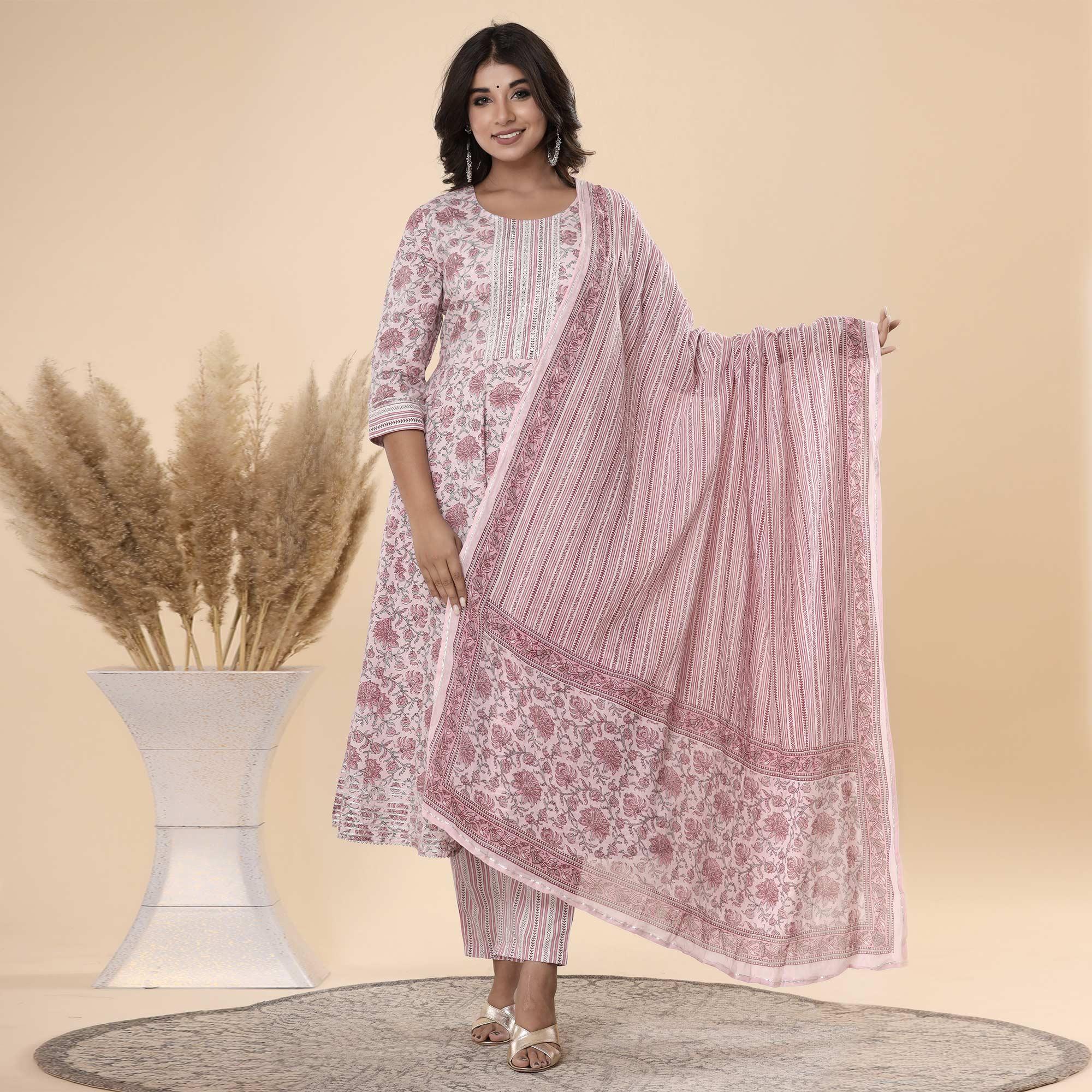 Peachmode Mauve Jaipuri Printed Cotton Anarkali Kurti Pant Set With Dupatta