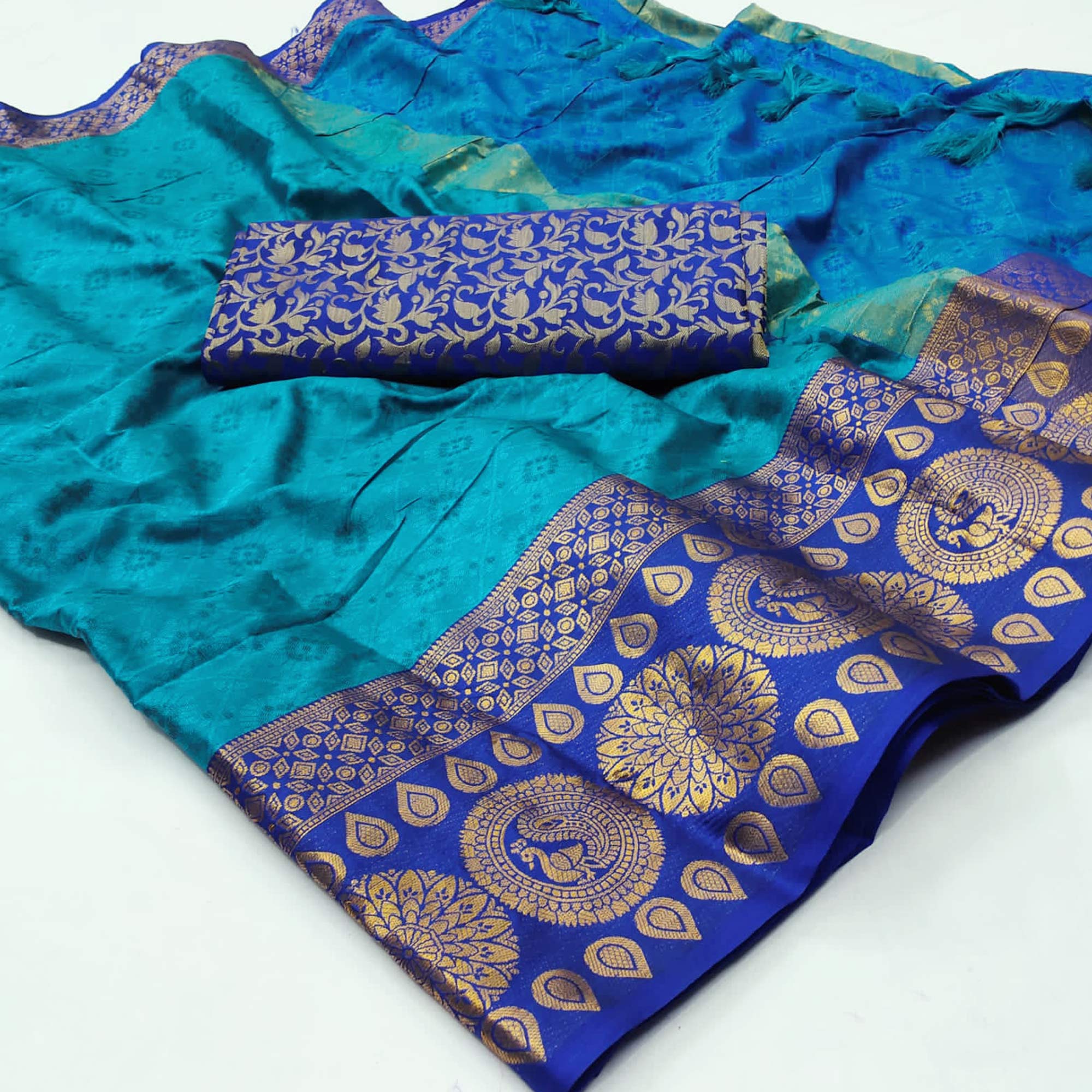 Peachmode Firozi Woven Cotton Silk Saree With Tassels