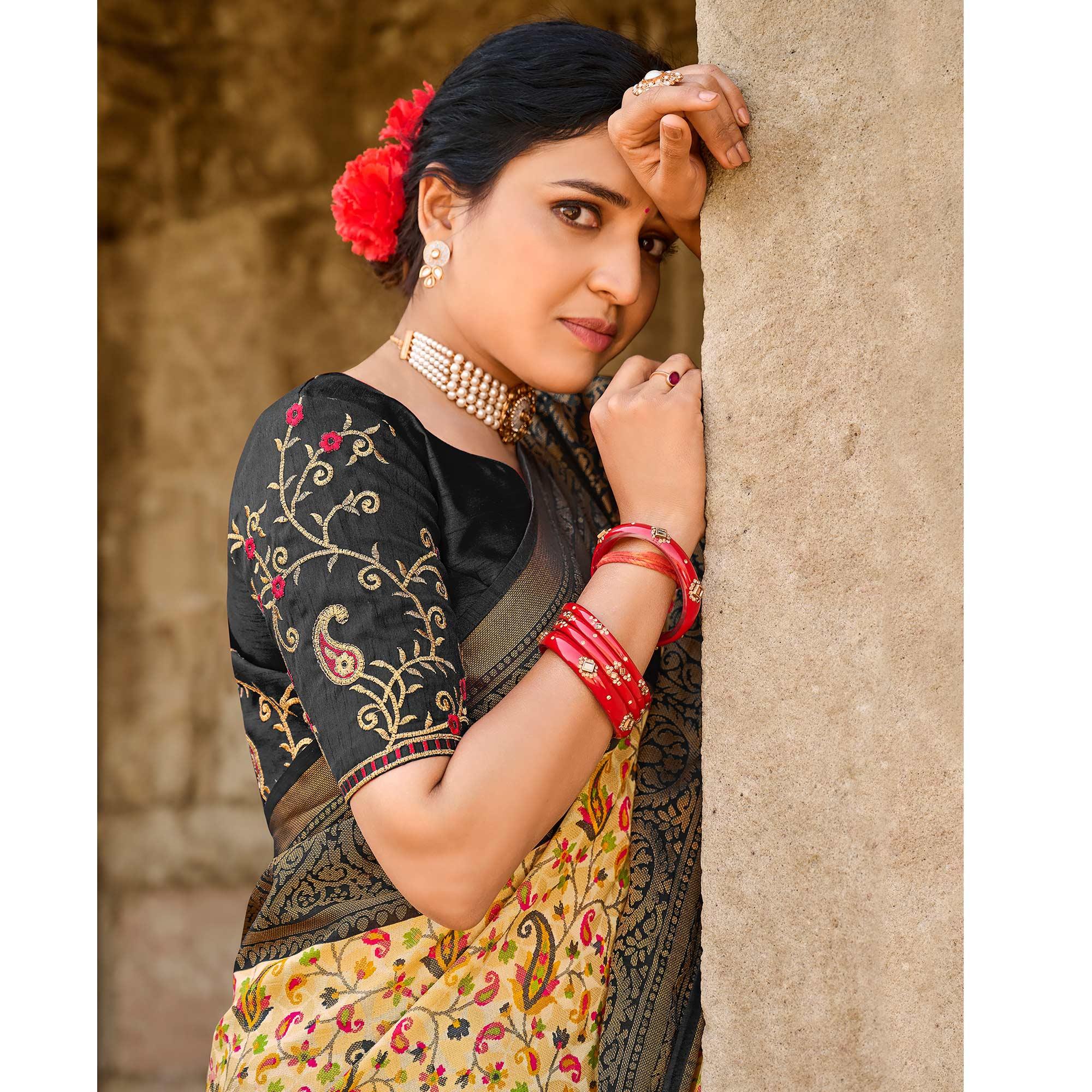 Peachmode Cream Printed Art Silk Saree With Tassels - view 4