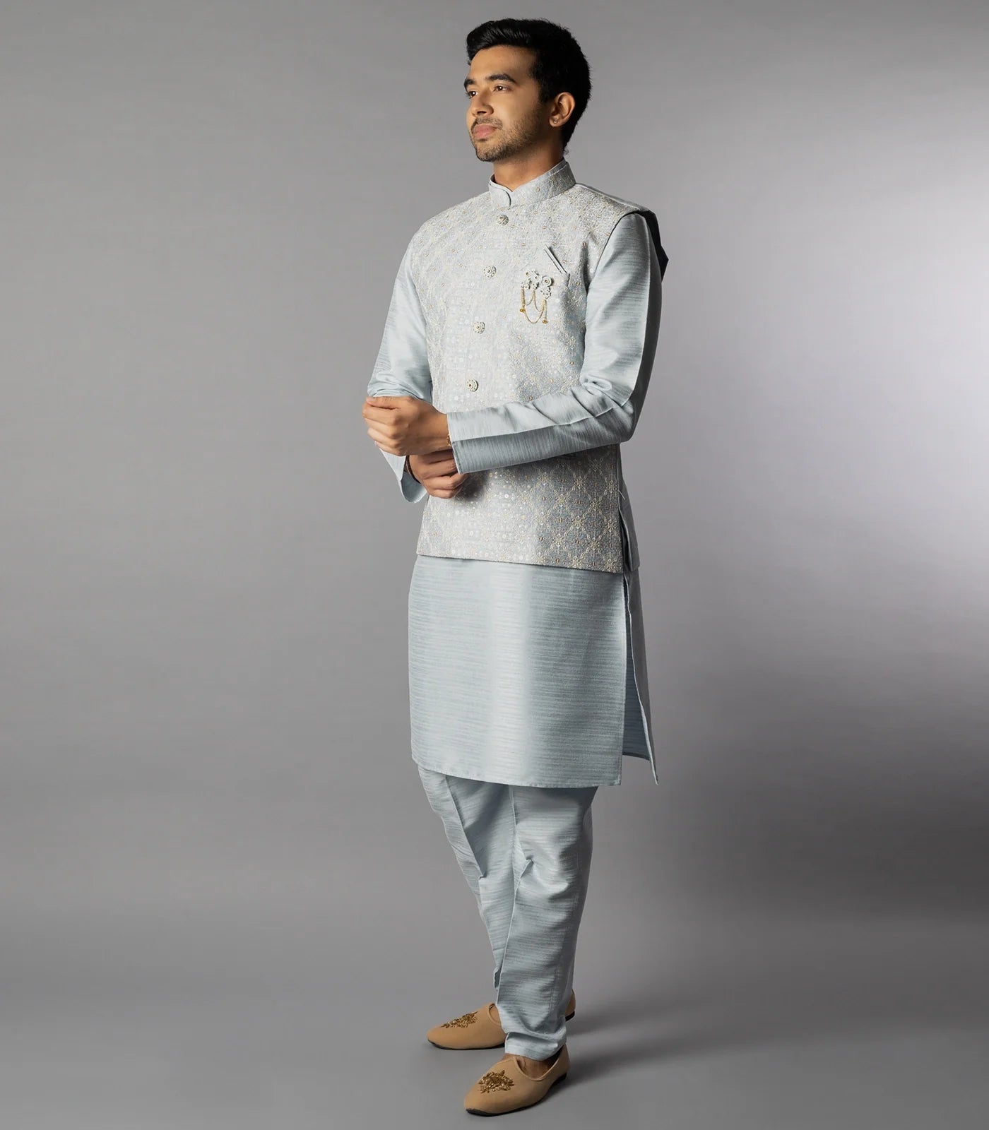 RmKV Glacier Grey Kurta Set With Straight Fit Pants And Nehru Jacket-Grey - view 2