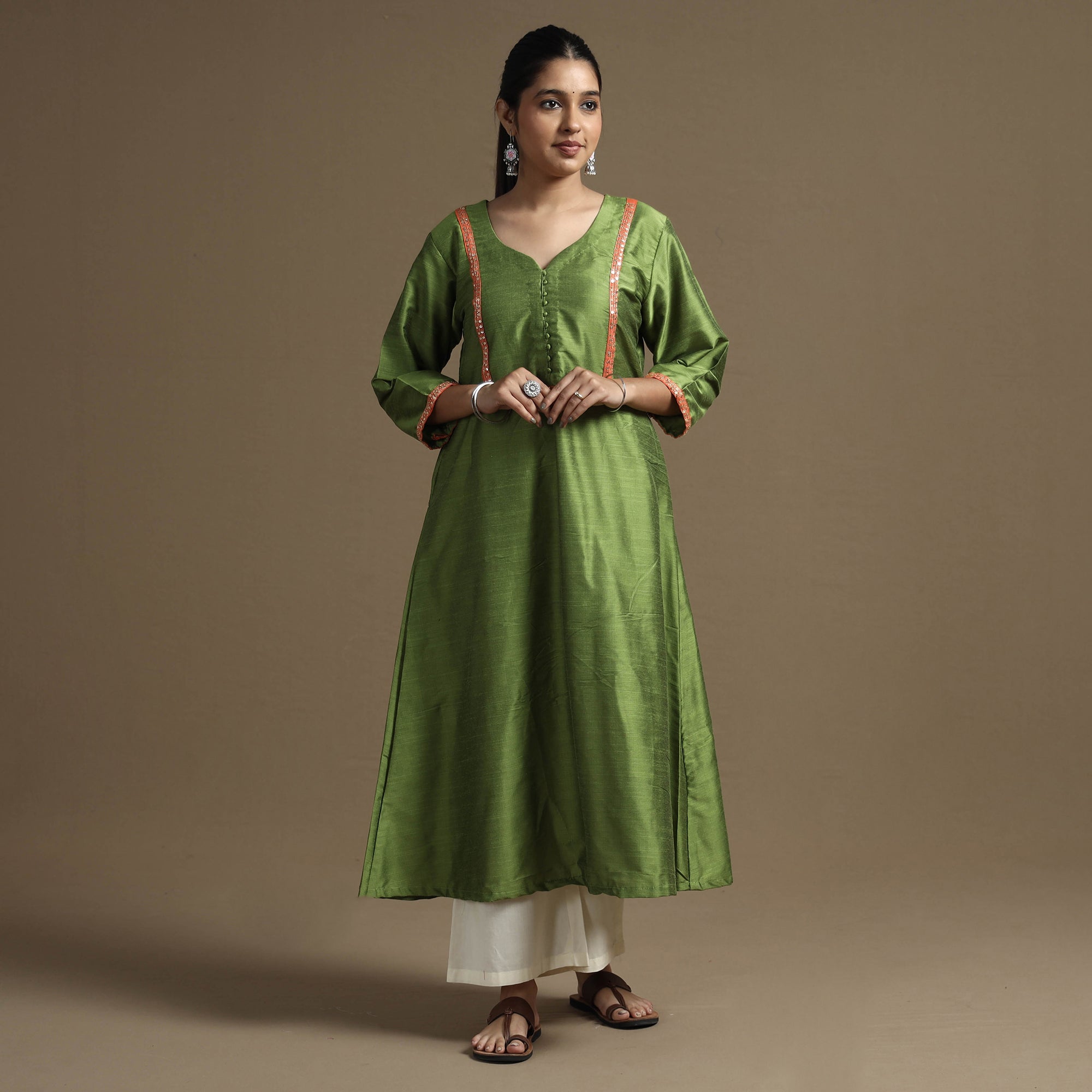 ITOKRI CASUALS Apple Green - Plain Solid Slub Silk A-Line Kurta with Beadwork Hand Embroidery Lace - view 3