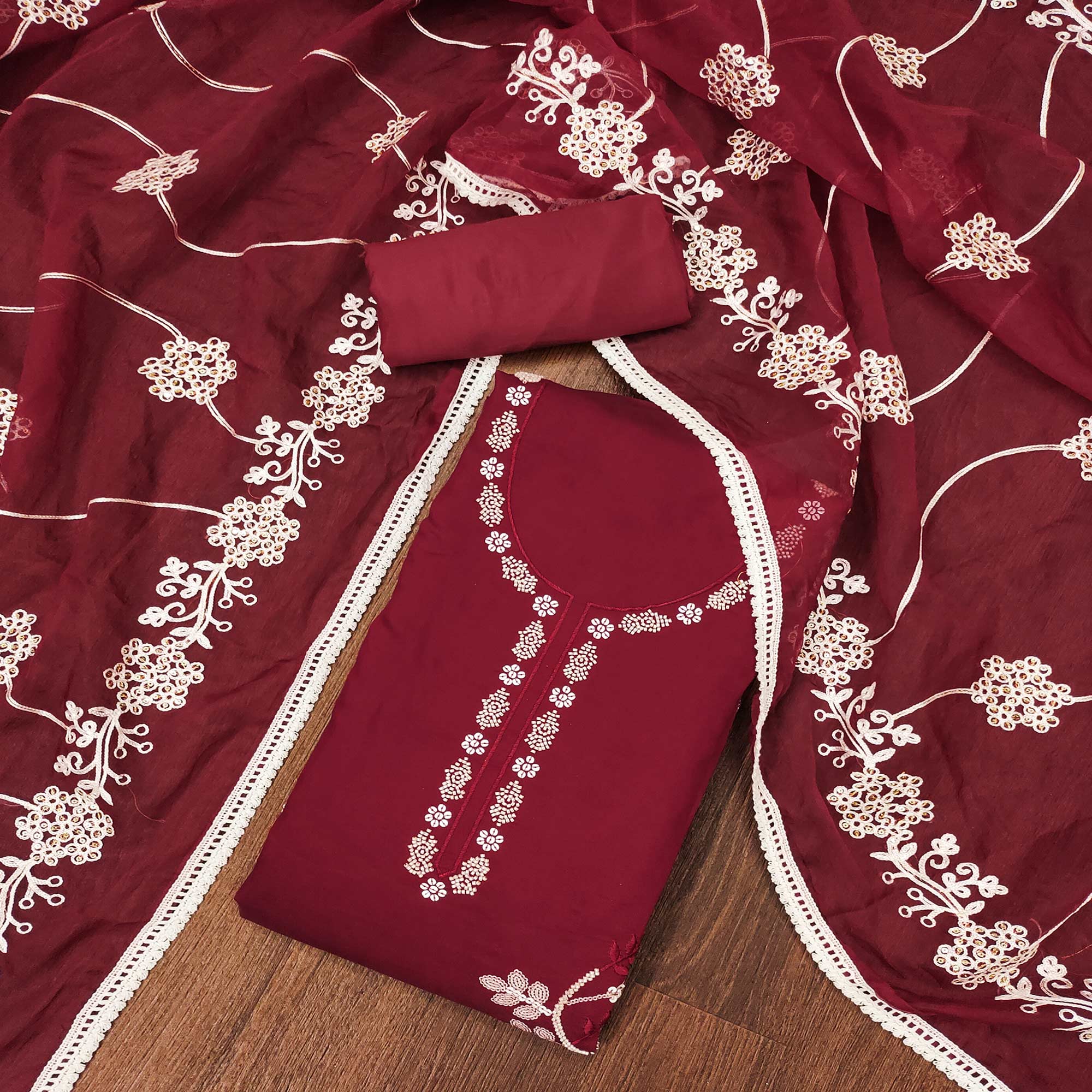Peachmode Maroon Floral Sequins Embroidery With Handwork Cotton Silk Dress Material