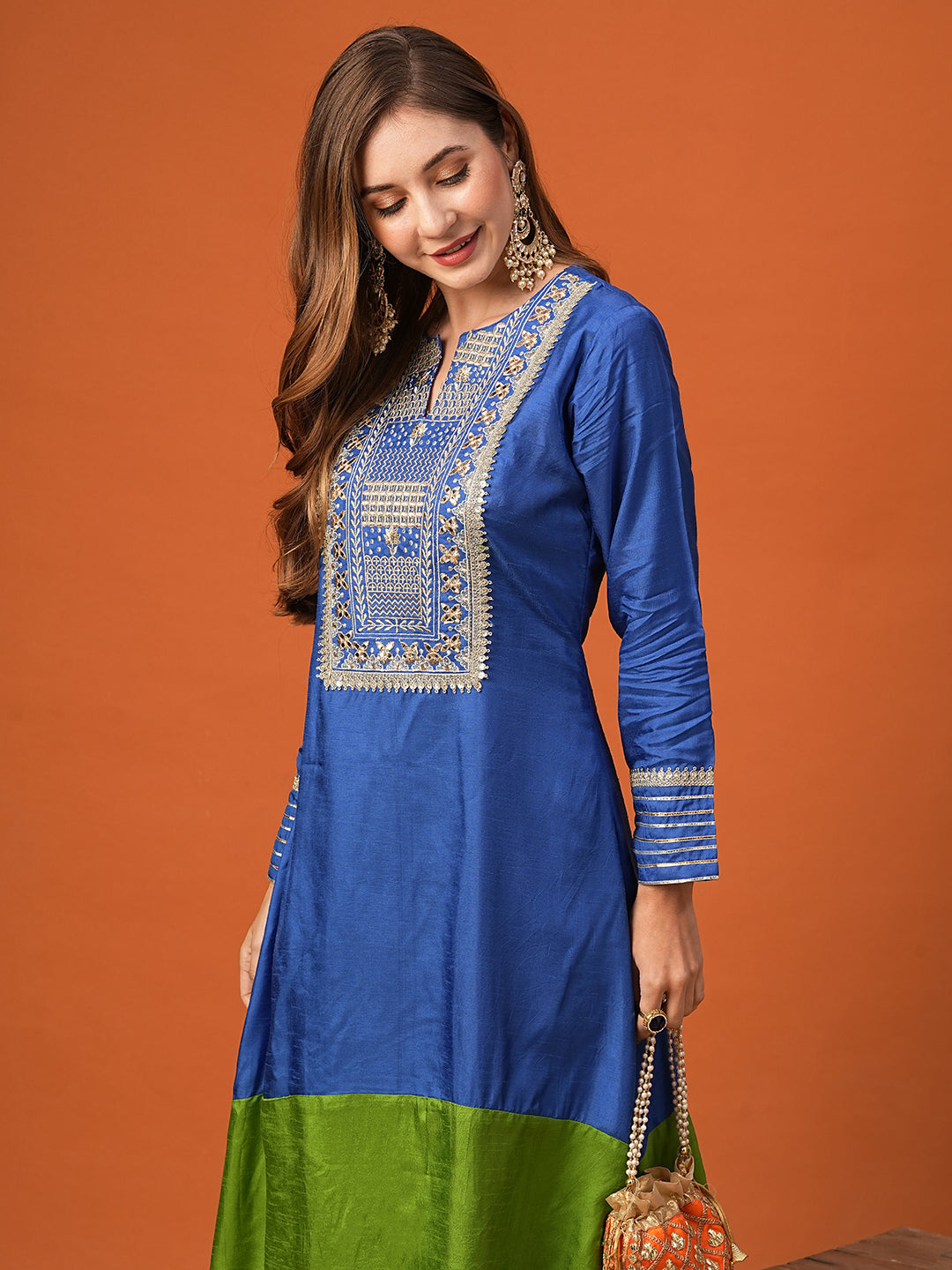 FASHOR Ethnic Zari Embroidered Colorblocked A-Line High-Low Kurta with Palazzo - Blue - view 2