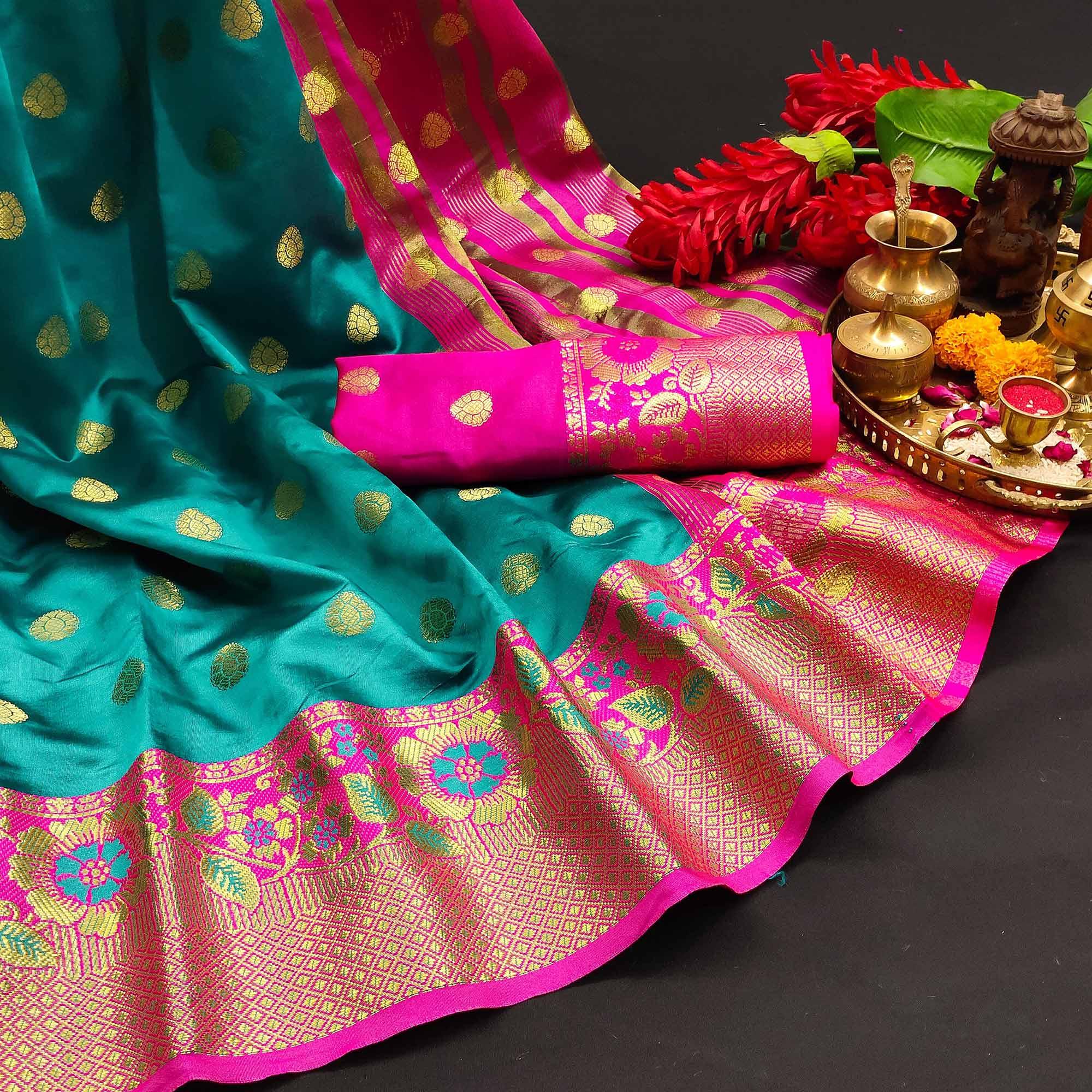 Peachmode Intricate Blue Colored Festive Wear Woven Kanjivaram Silk Saree - view 4