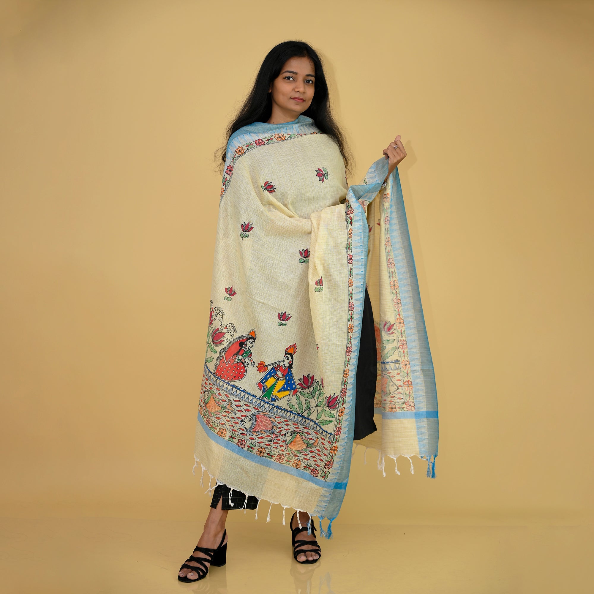 DIORAMA DESIGNS Beige - Handpainted "Serene" Madhubani Cotton Dupatta - view 2