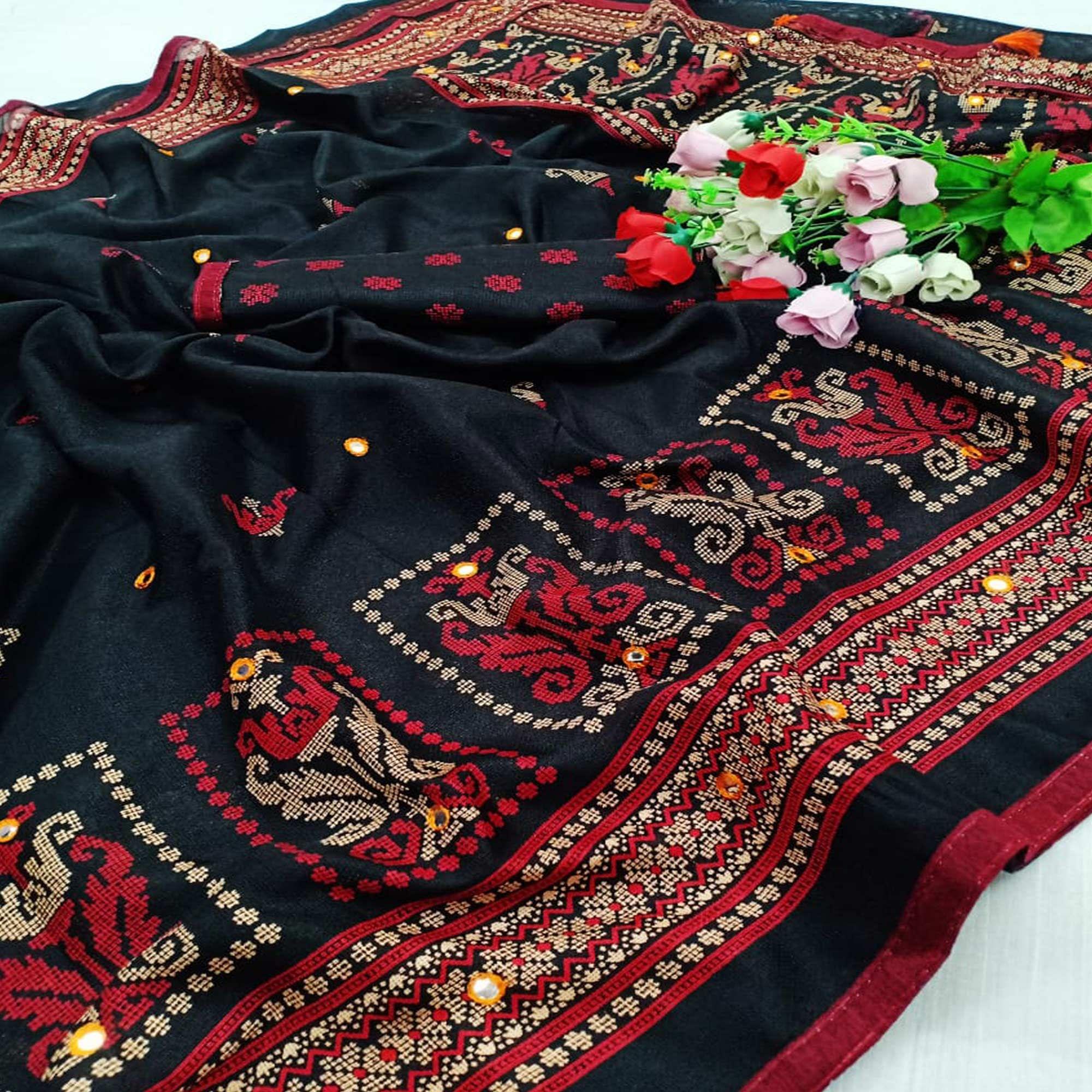 Peachmode Flamboyant Black Coloured Festive Wear Printed Cotton Jute Saree - view 3