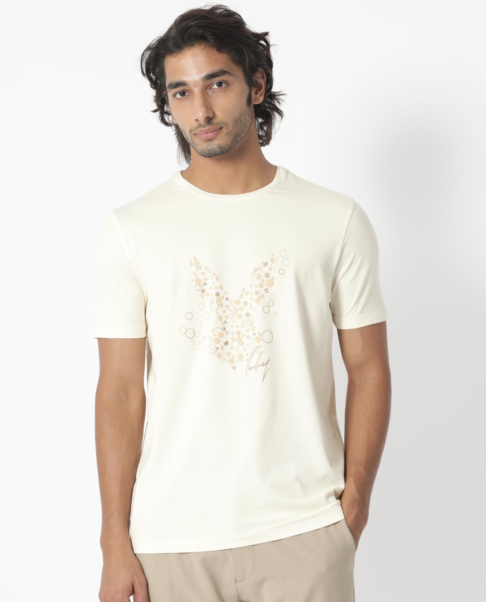 Rare Rabbit Men's Kerwin Beige Crew Neck HD Print Logo on Chest Half Sleeves Regular Fit T-Shirt - view 6