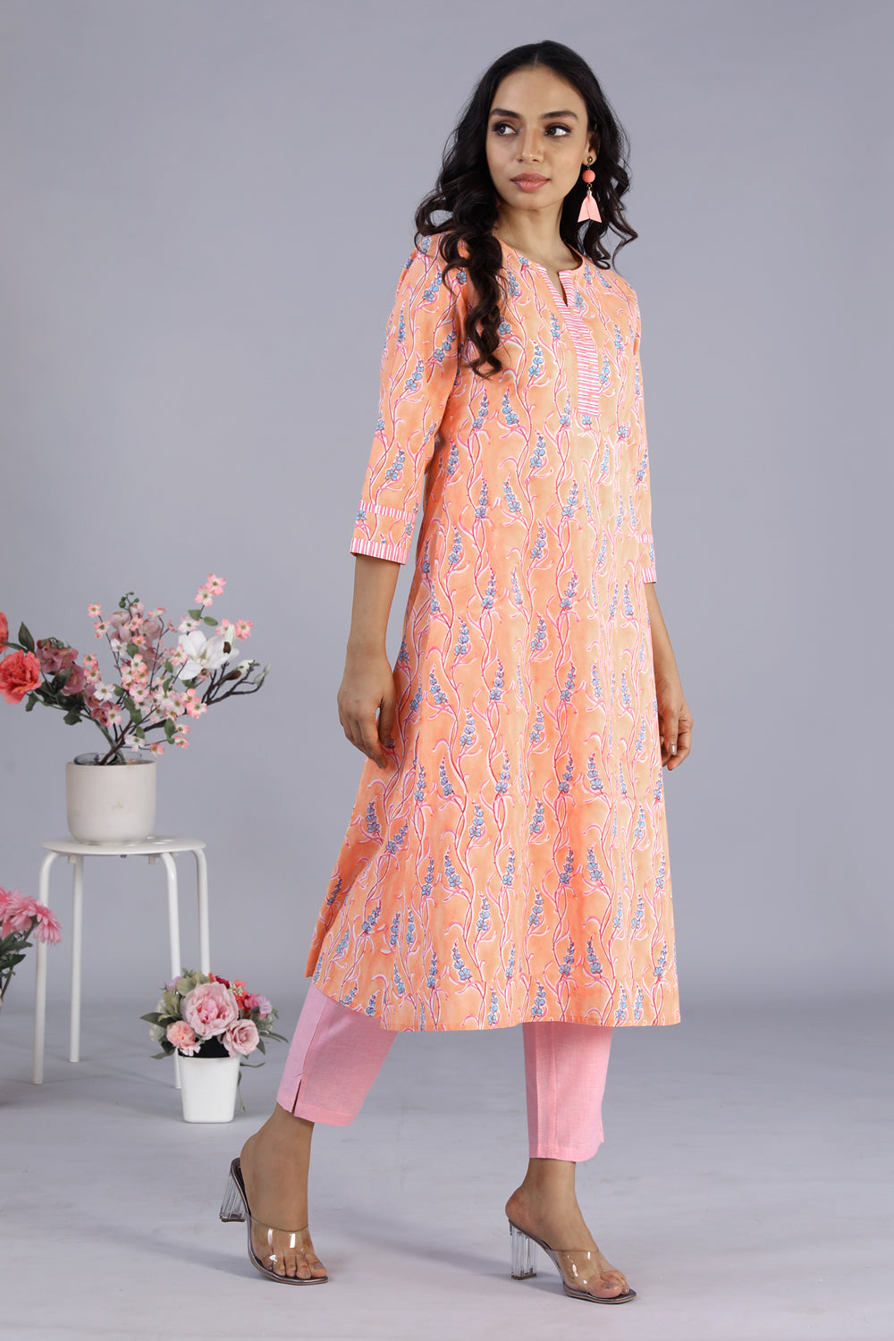 Kalanjali Ethnics Hand block printed kurti – Women's, Peach - view 4