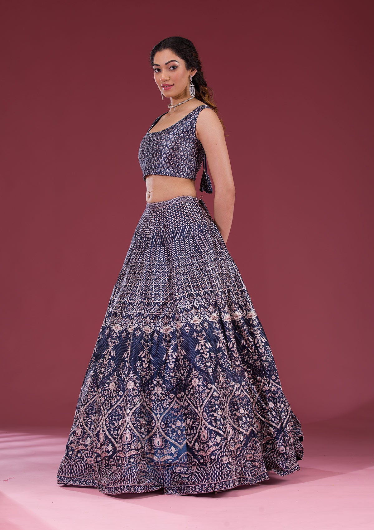 Koskii Navy Blue Silver Stonework Raw Silk Readymade Lehenga - view 5