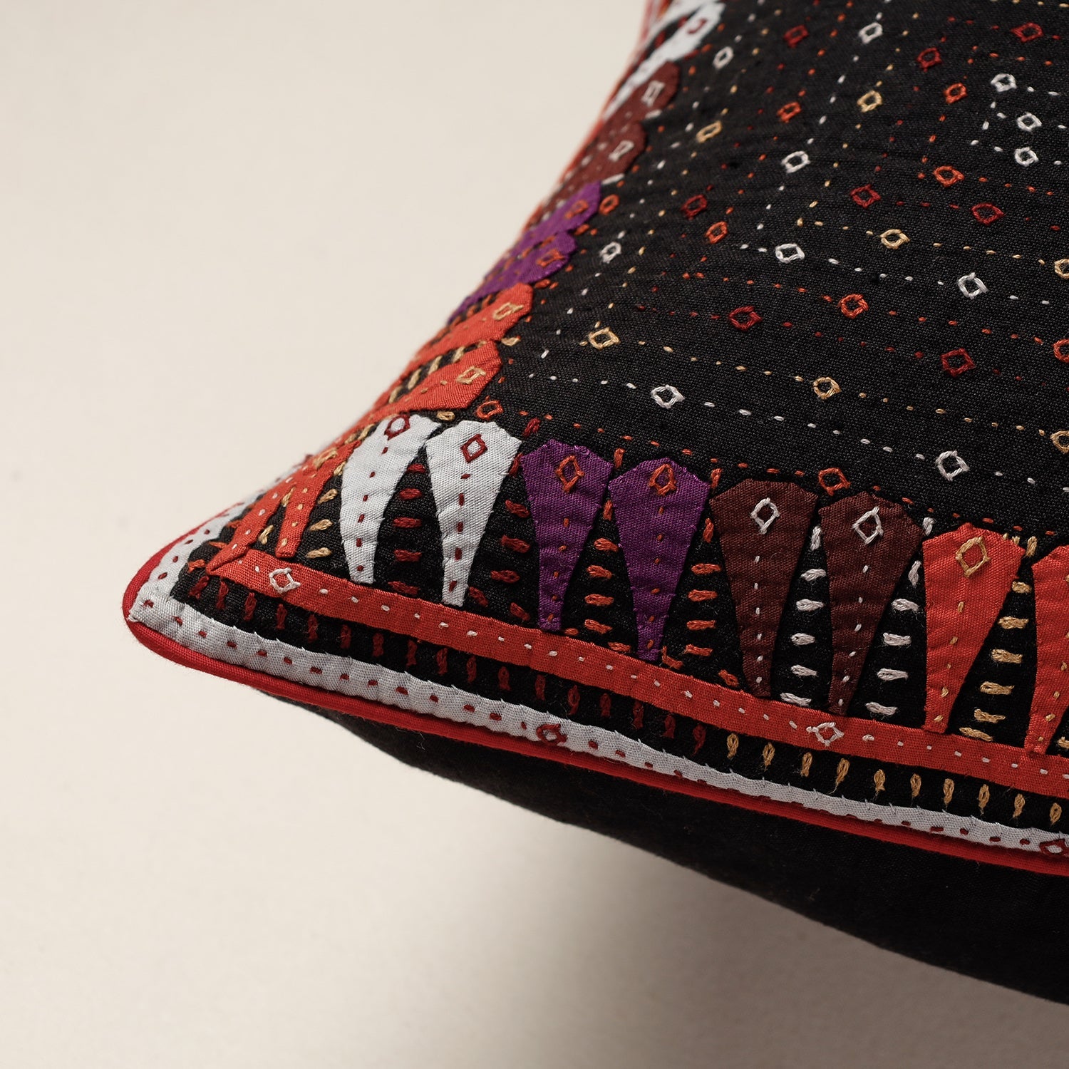 QASAB Black - Kutch Dhebariya Sebha Hand Embroidery Cotton Cushion Cover (16 x 16 in) - view 2