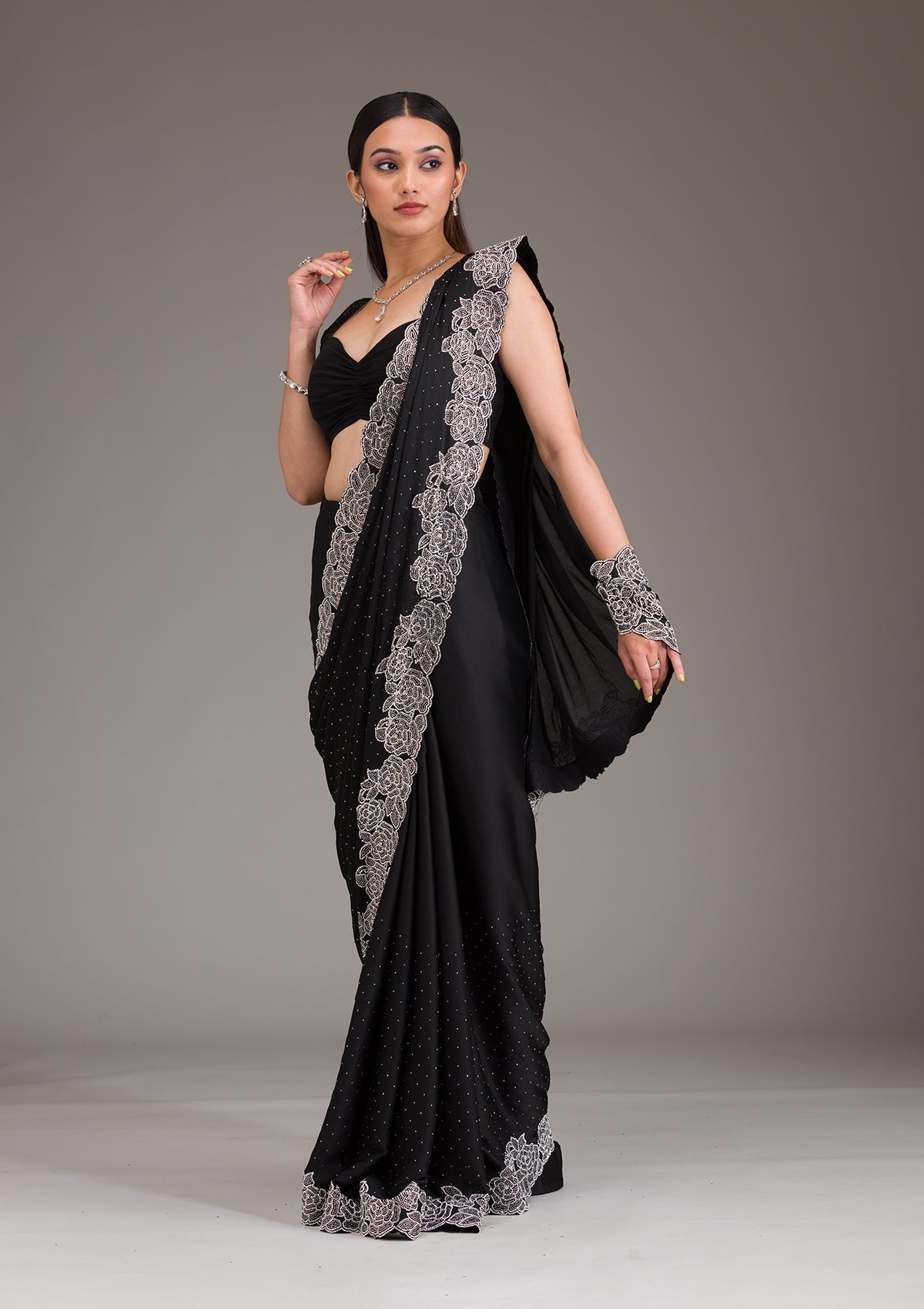 Koskii Black Swarovski Satin Saree – Women's - view 6