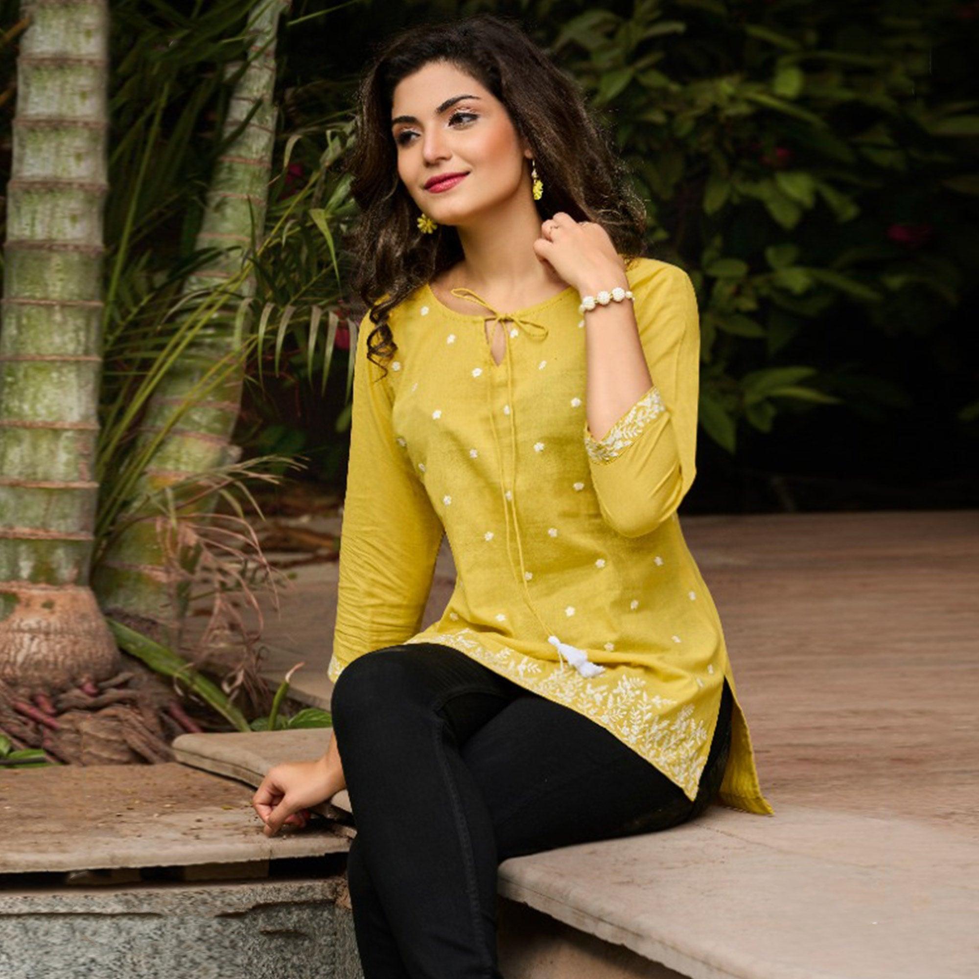 Peachmode Seller Mehendi Green Embroidered Pure Cotton Top