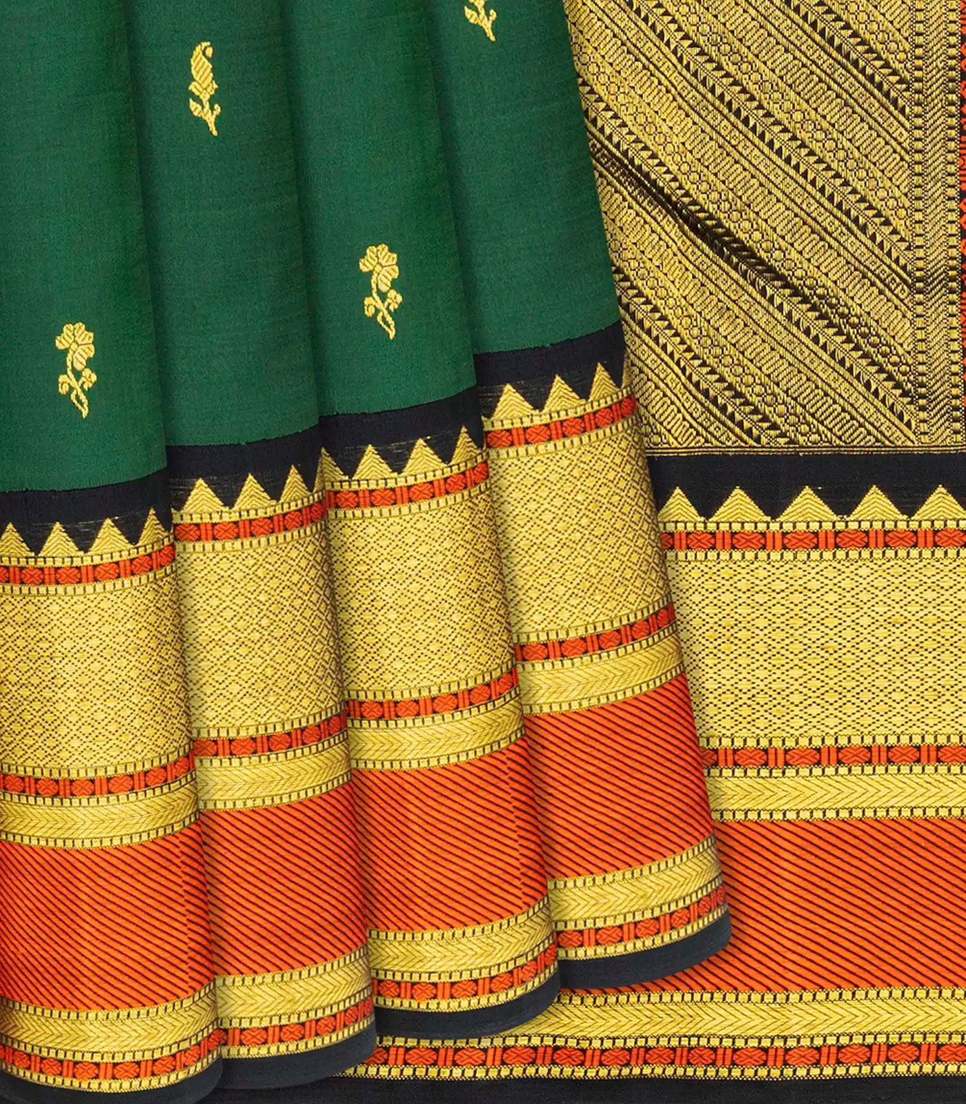 RmKV Green Handloom Kanchipuram Korvai Silk Saree With Floral Buttas-Green