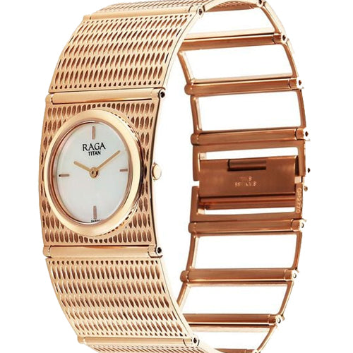 Titan Raga Ethereal Quartz Analog White Mother Of Pearl Dial Rose Gold Stainless Steel Strap Watch For Women 28mm 2770WM01 - view 2