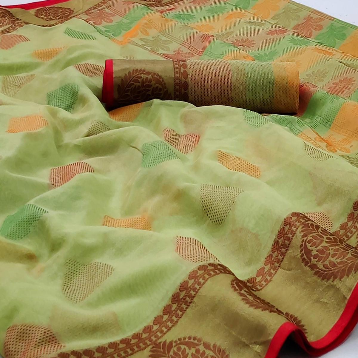 Peachmode Light Pista Green Festive Wear Woven Rich Pallu Organza Saree - view 2