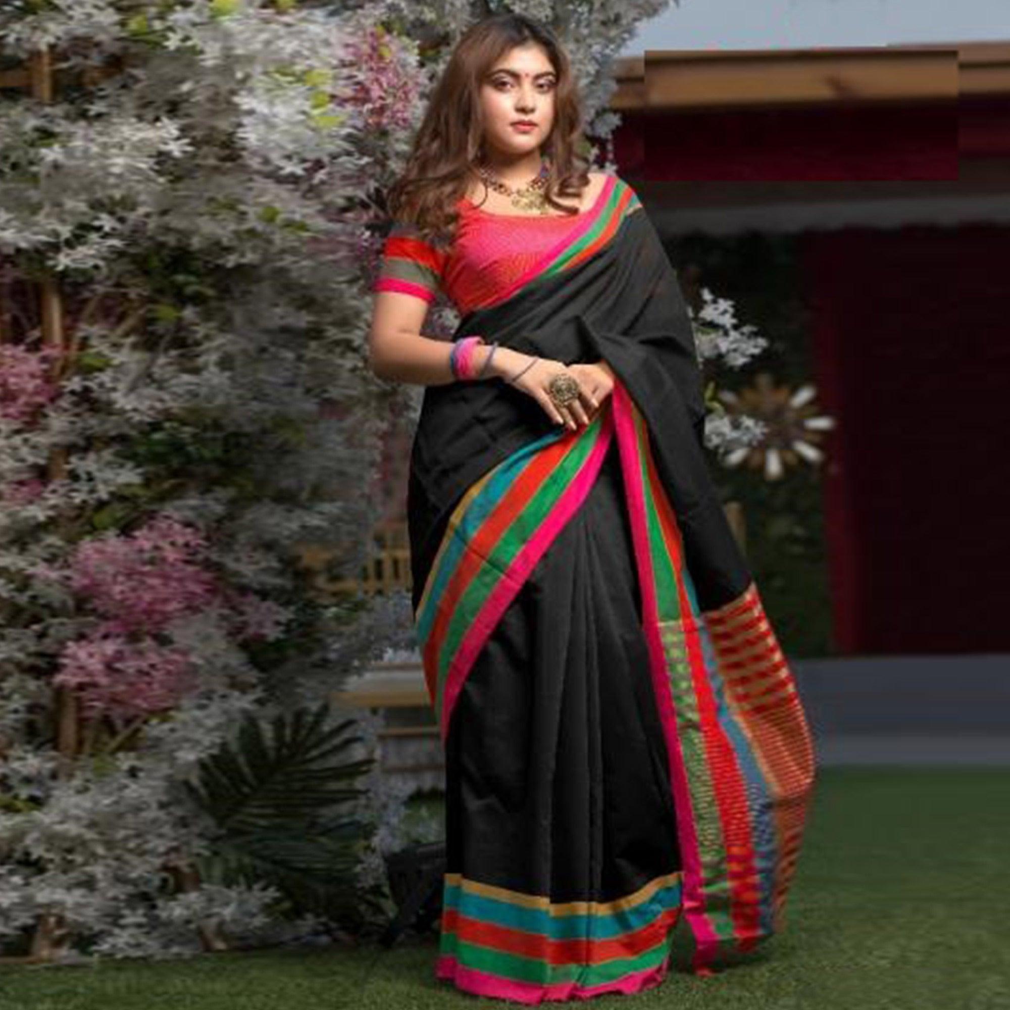 Peachmode Mesmerising Black Colored Festive Wear Woven Cotton Saree
