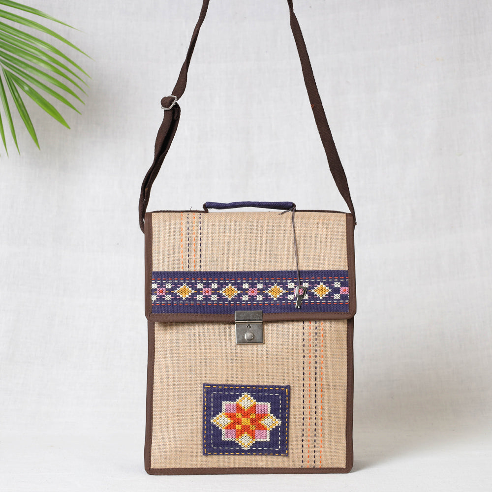 KAMLI Beige - Tribal Hand Embroidered Jute Office Sling Bag