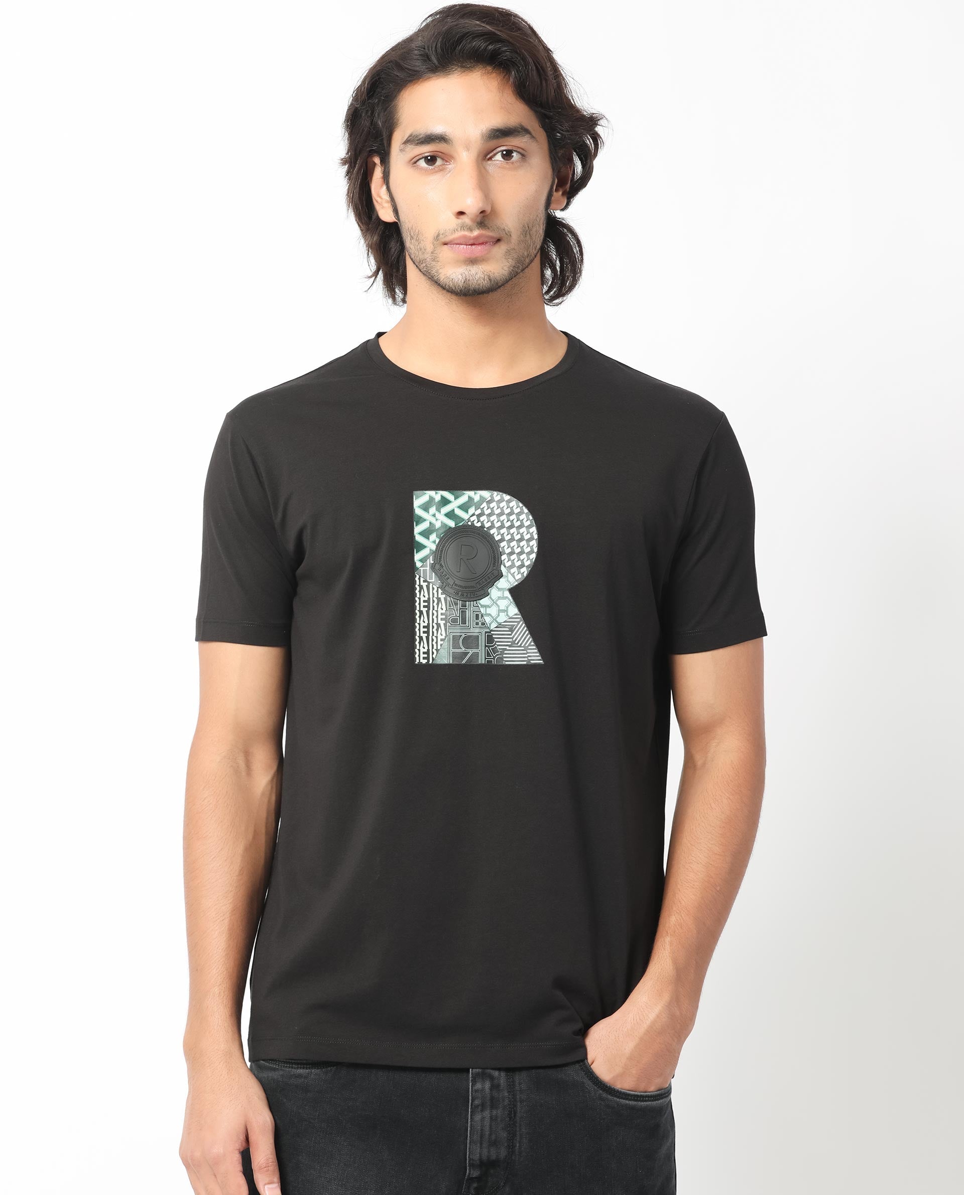 Rare Rabbit Men's Misor Black Crew Neck Half Sleeves Regular Fit Applique Rare Badge Graphic Print T-Shirt - view 2