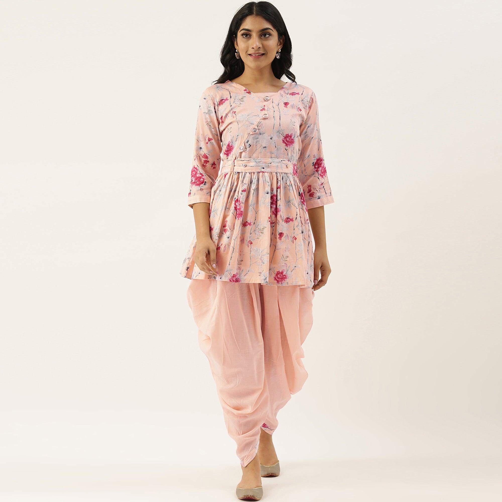 Peachmode Seller Light Pink Printed Pure Cotton Kurti With Dhoti Set