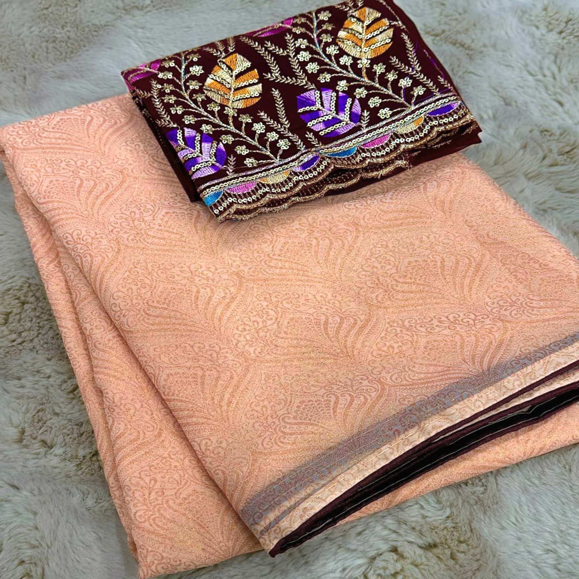 Peachmode Light Peach Floral Printed Georgette Saree