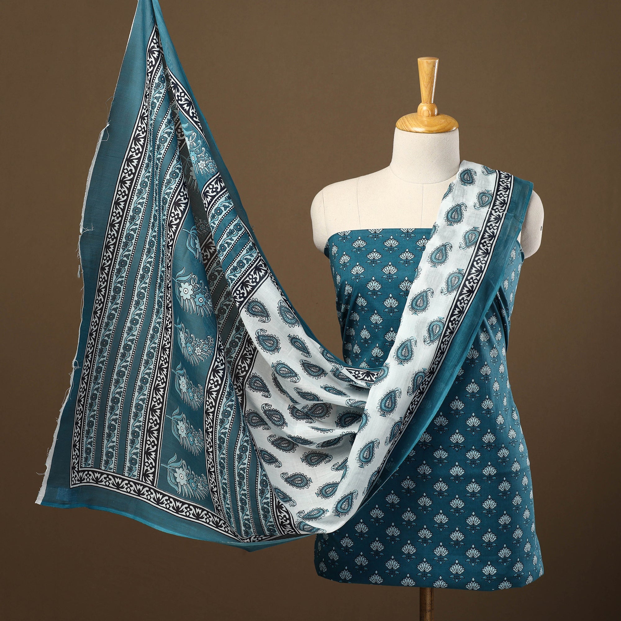 ARTISAN HAND BLOCK PRINTS Blue - 3pc Sanganeri Block Print Cotton Dress Material 11