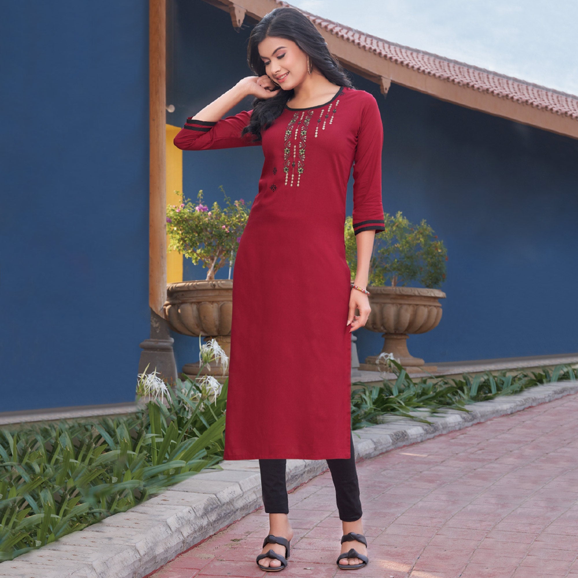 Peachmode Seller Maroon Embroidered Rayon Kurti - view 2