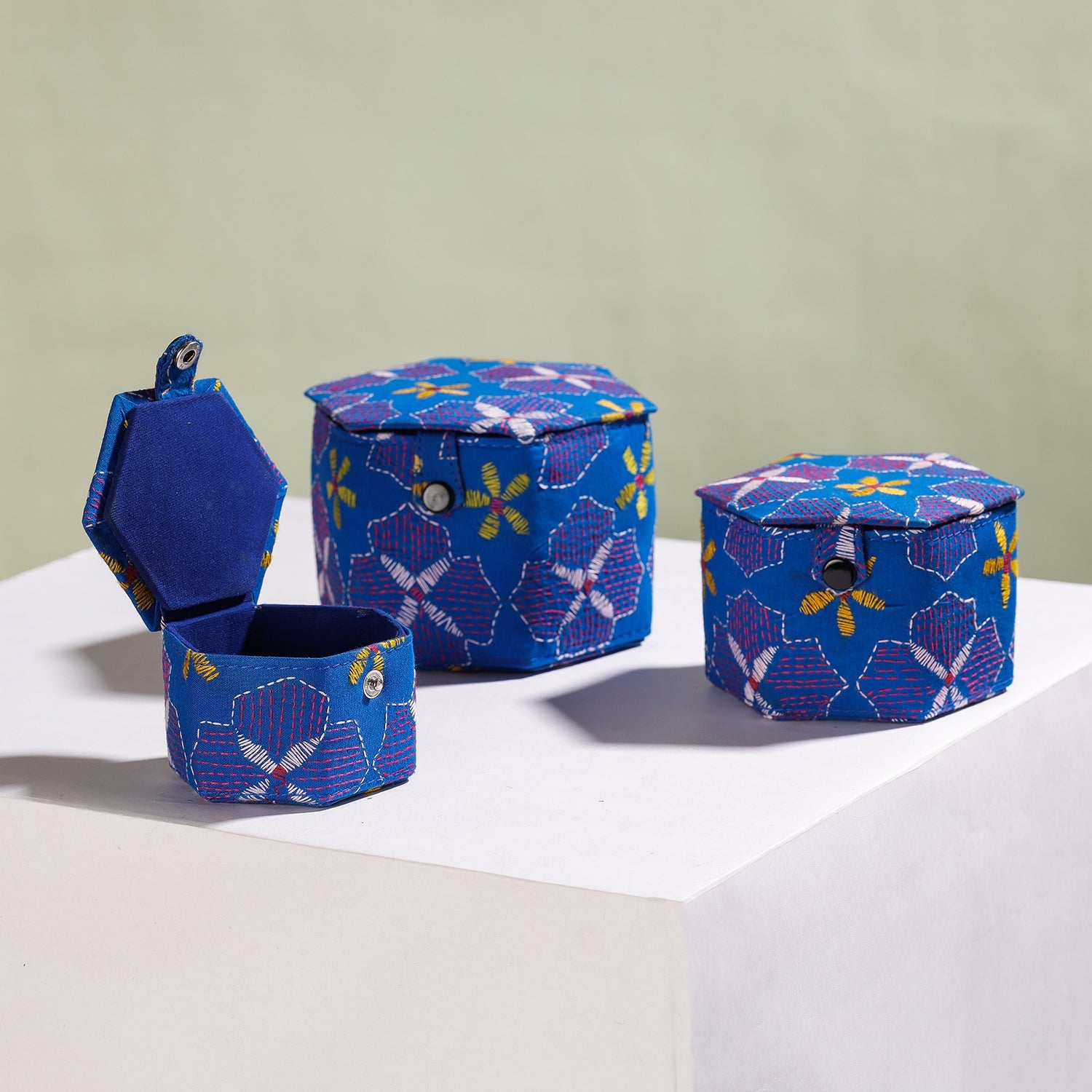ASALKAAR Blue - Bengal Kantha Work Handcrafted Hexagon Jewelry Box (Set of 3) - view 2