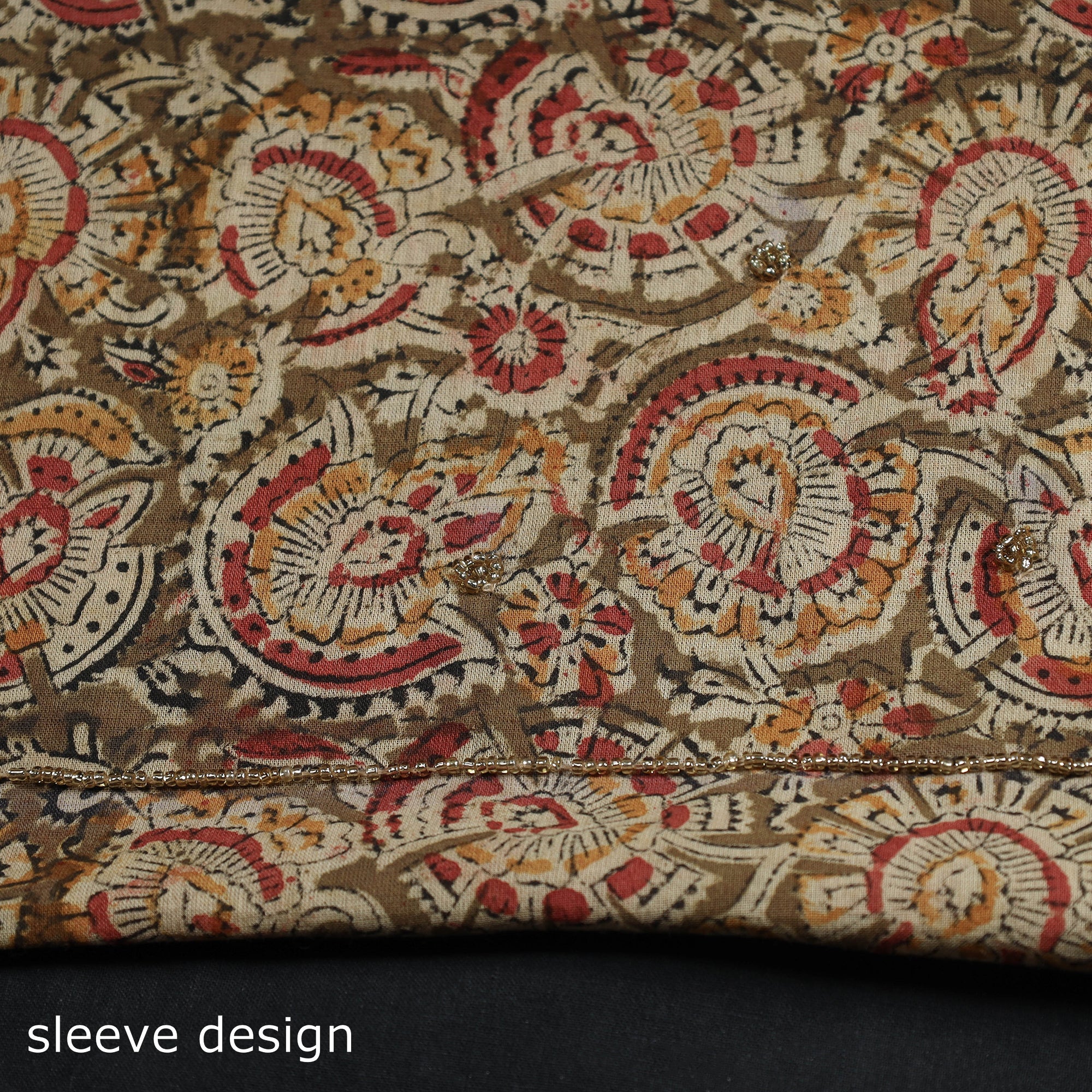NOORI BAZAR Brown - Kalamkari Block Printed Thread & Bead Work Embroidered Cotton Kurta Material - 2.55 Meter - view 4