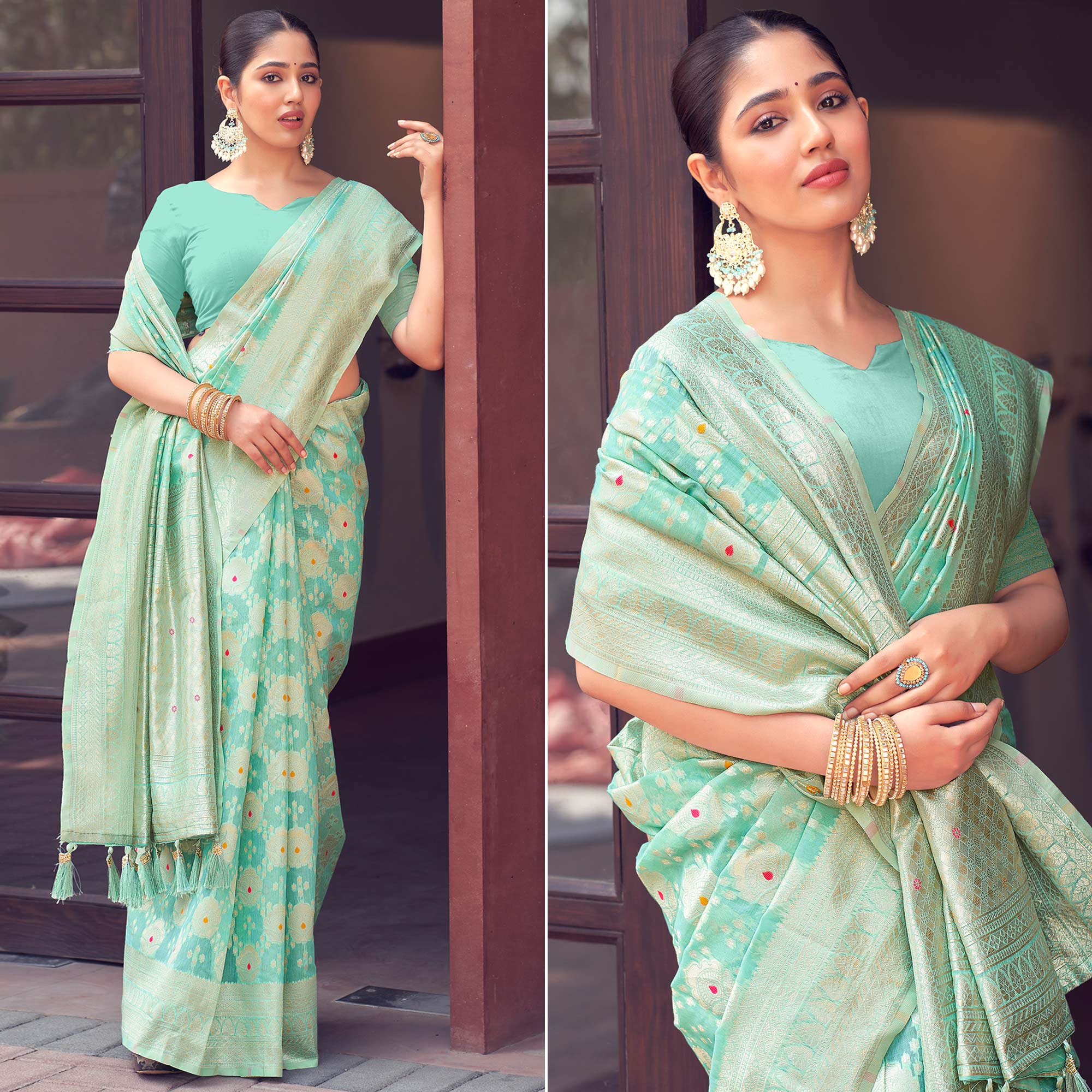 Peachmode Light Rama Green Woven Cotton Silk Saree With Tassels