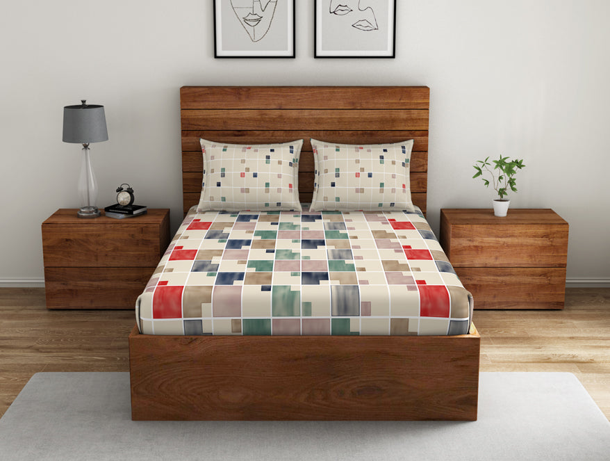 Cream 100 cotton – Spaces India Geometric Eggnog - Cream 100% Cotton Double Bedsheet - Color Block By Spaces
