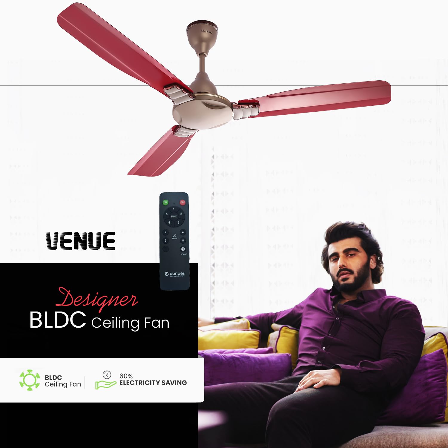 Candes Venue BLDC 1200mm High Speed Decorative Remote Ceiling Fans for Home | BEE 5 Star Rated Anti-Dust | 2 Years Warranty (Golden Red) Pack of 1 - view 2