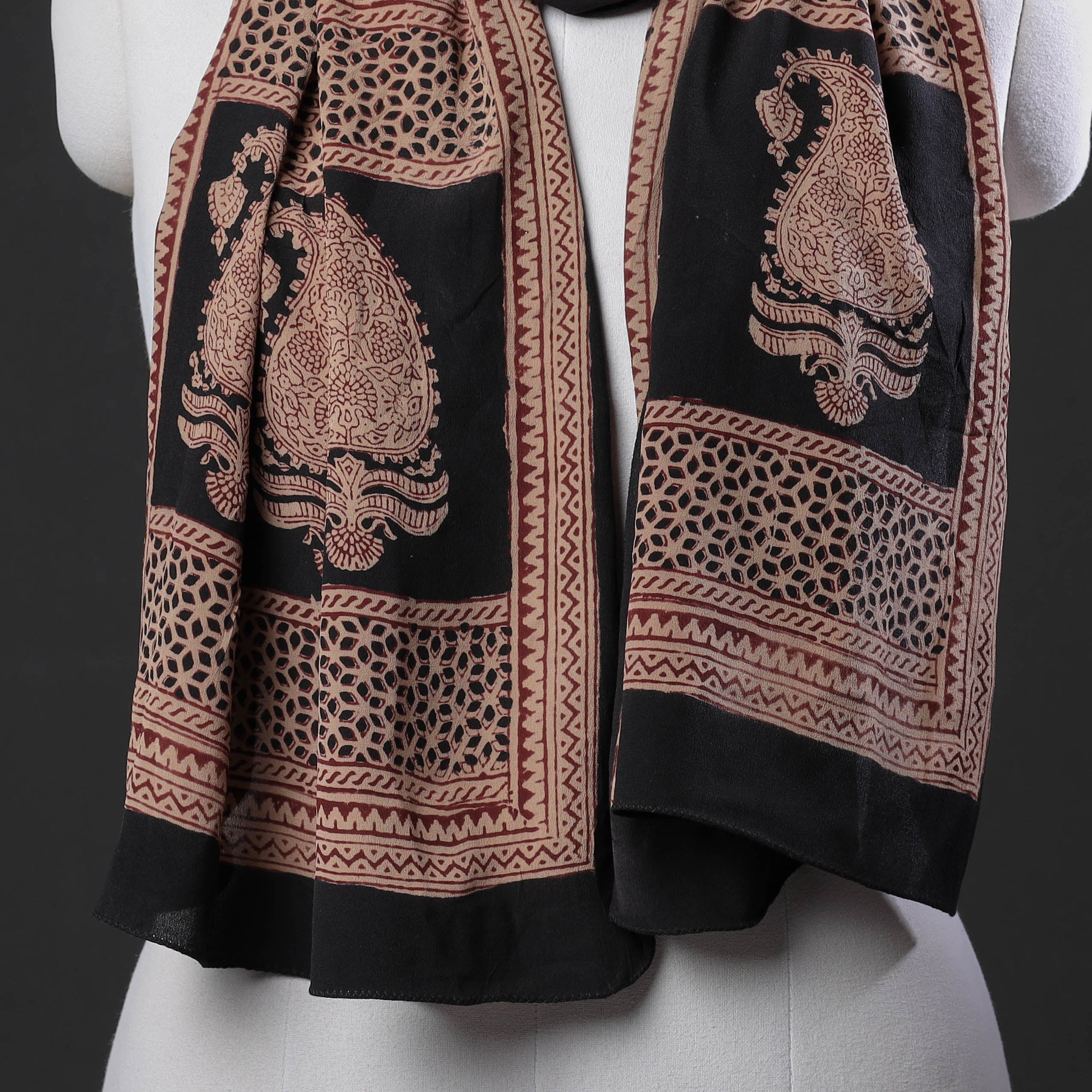 BAGH PRINTS BY MOHAMMED BILAL KHATRI Brown - Bagh Block Printing Natural Dyed Crepe Silk Stole - view 3