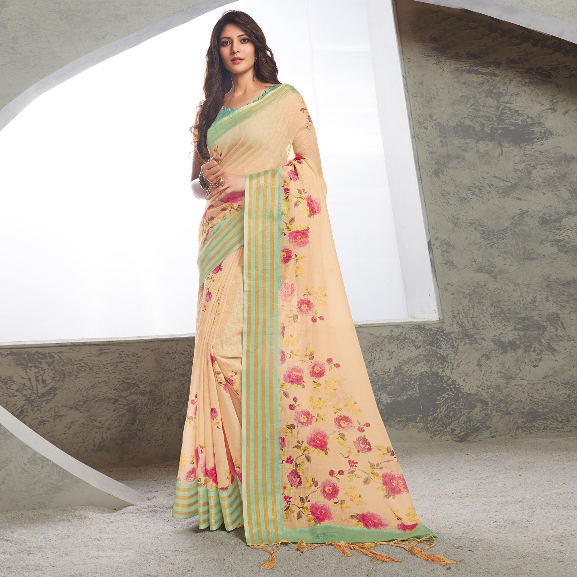 Peachmode Cream Casual Wear Digital Printed Pure Linen Saree