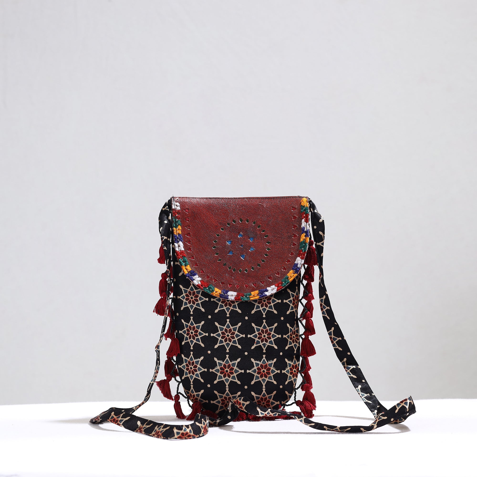 KACHCHH JI CHHAAP Black - Kutch Leather & Mashru Silk Sling Bag with Tassels 24 - view 2